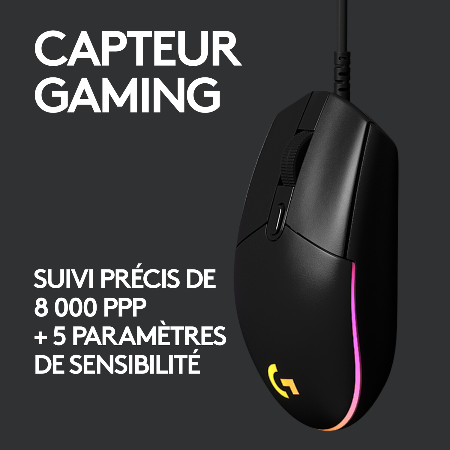 Une souris gaming noire. Le texte au-dessus dit 'CAPTEUR GAMING'. Elle a une lumière autour du bas.