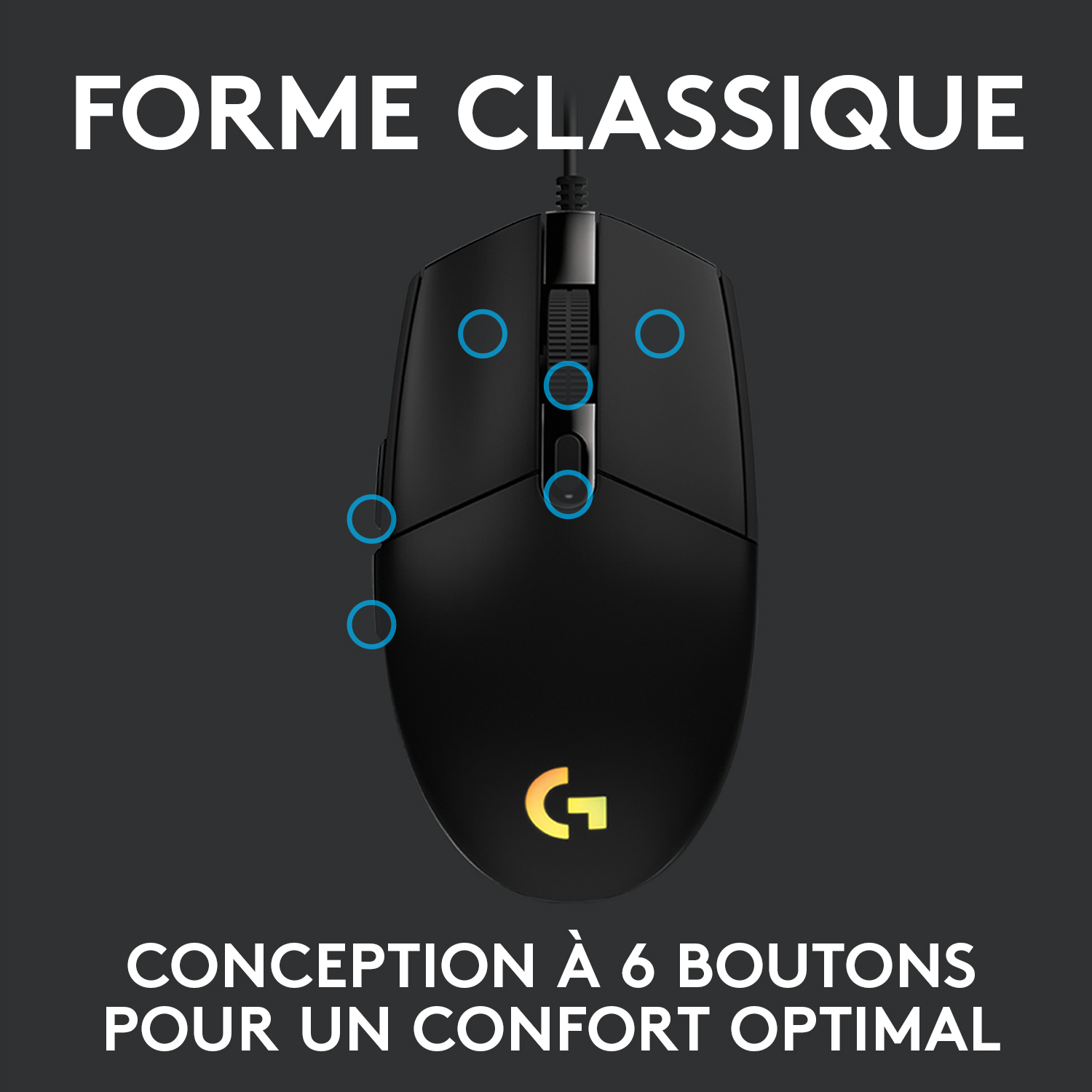 Une souris d'ordinateur noire avec 6 boutons.