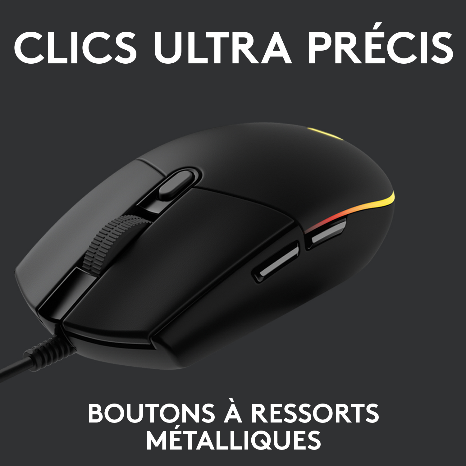 Souris noire avec des accents rouges et jaunes, texte : Clics ultra précis.