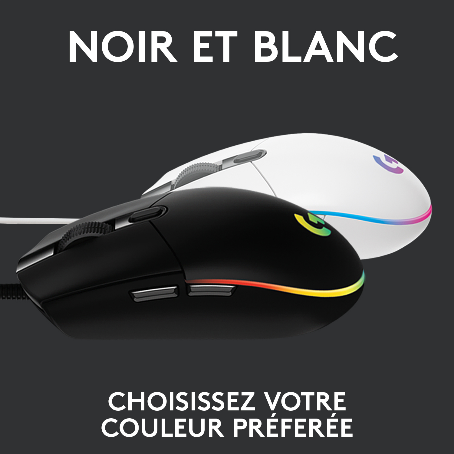 Souris gaming noir et blanc avec un slogan en français.