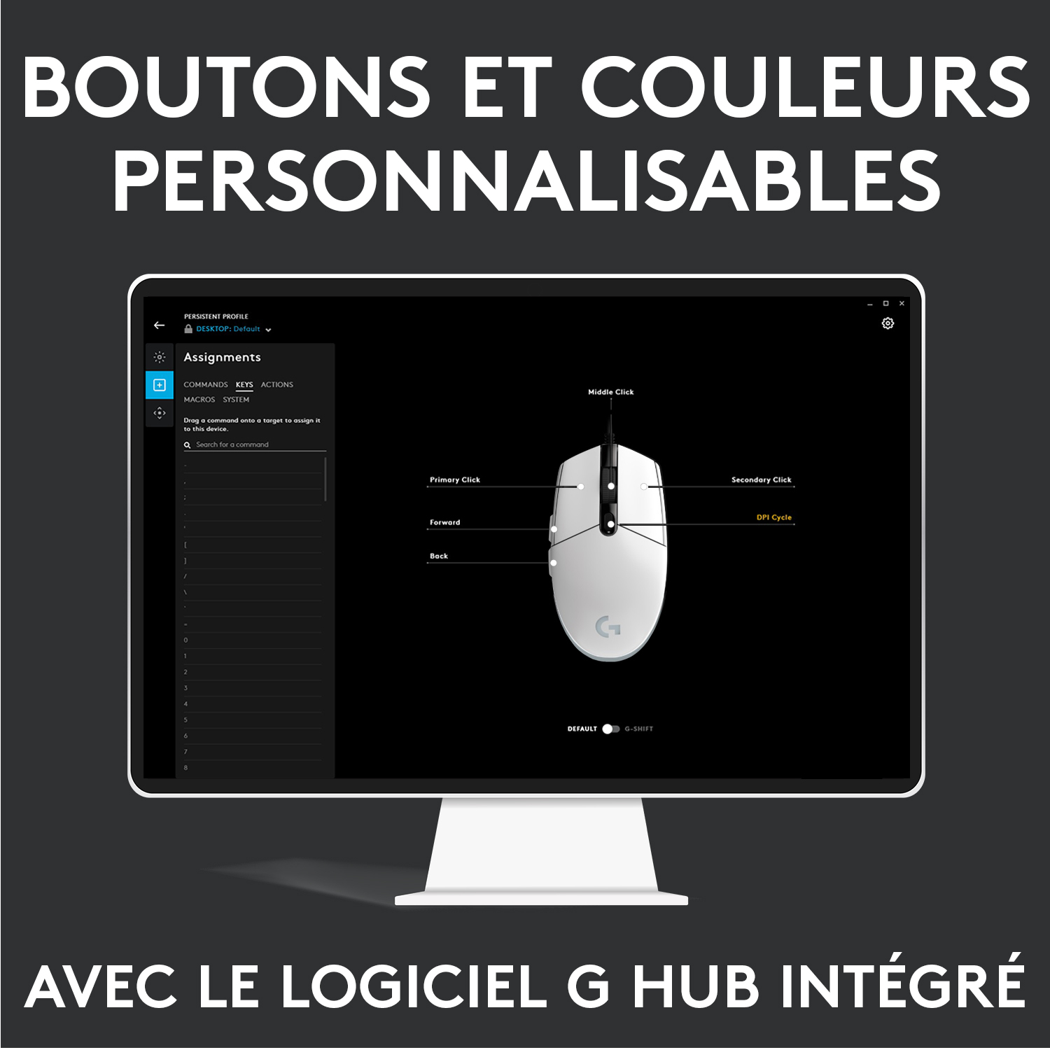 Un écran d'ordinateur affichant une interface de souris blanche avec des boutons et des couleurs personnalisables.