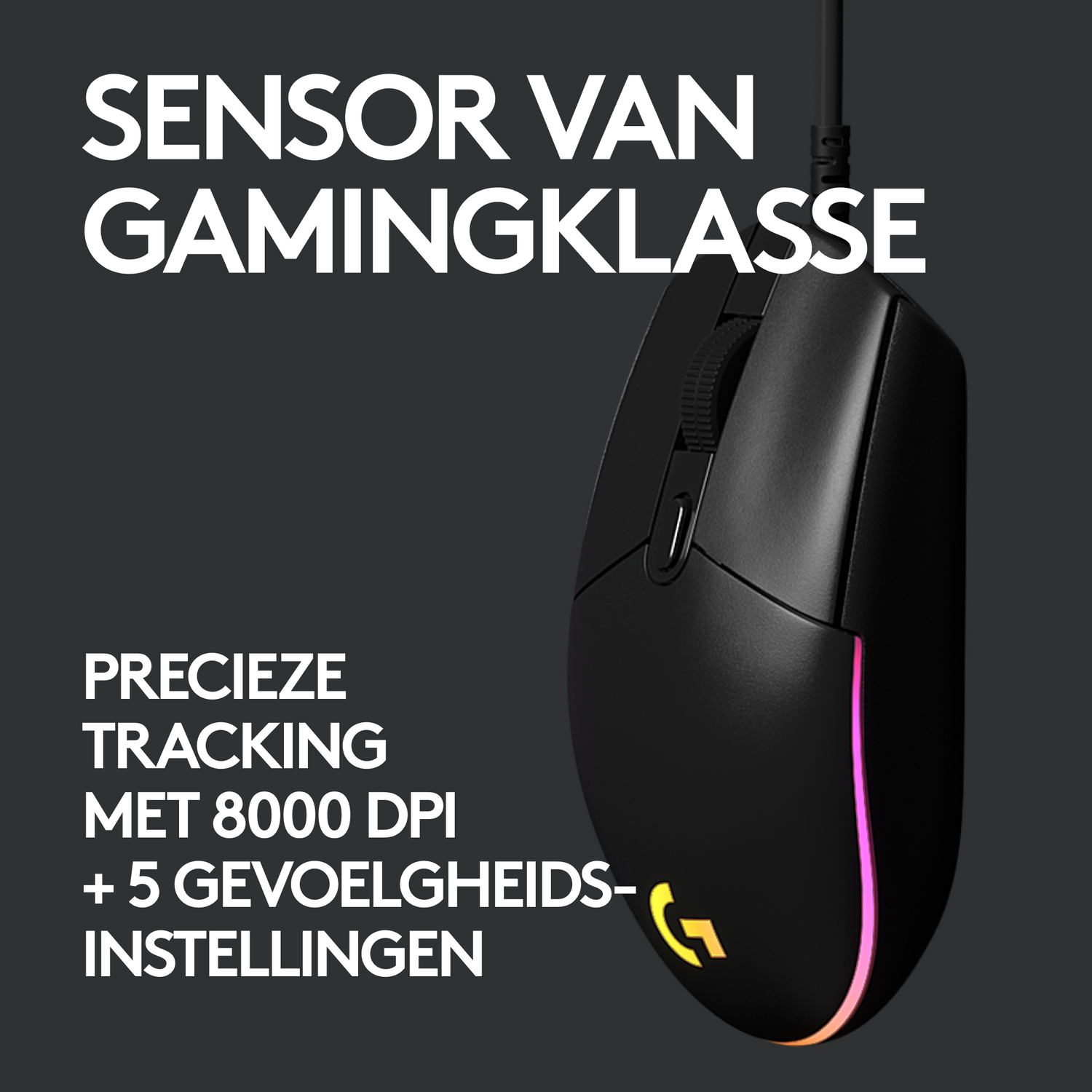 Black gaming mouse with red, pink and yellow lights.