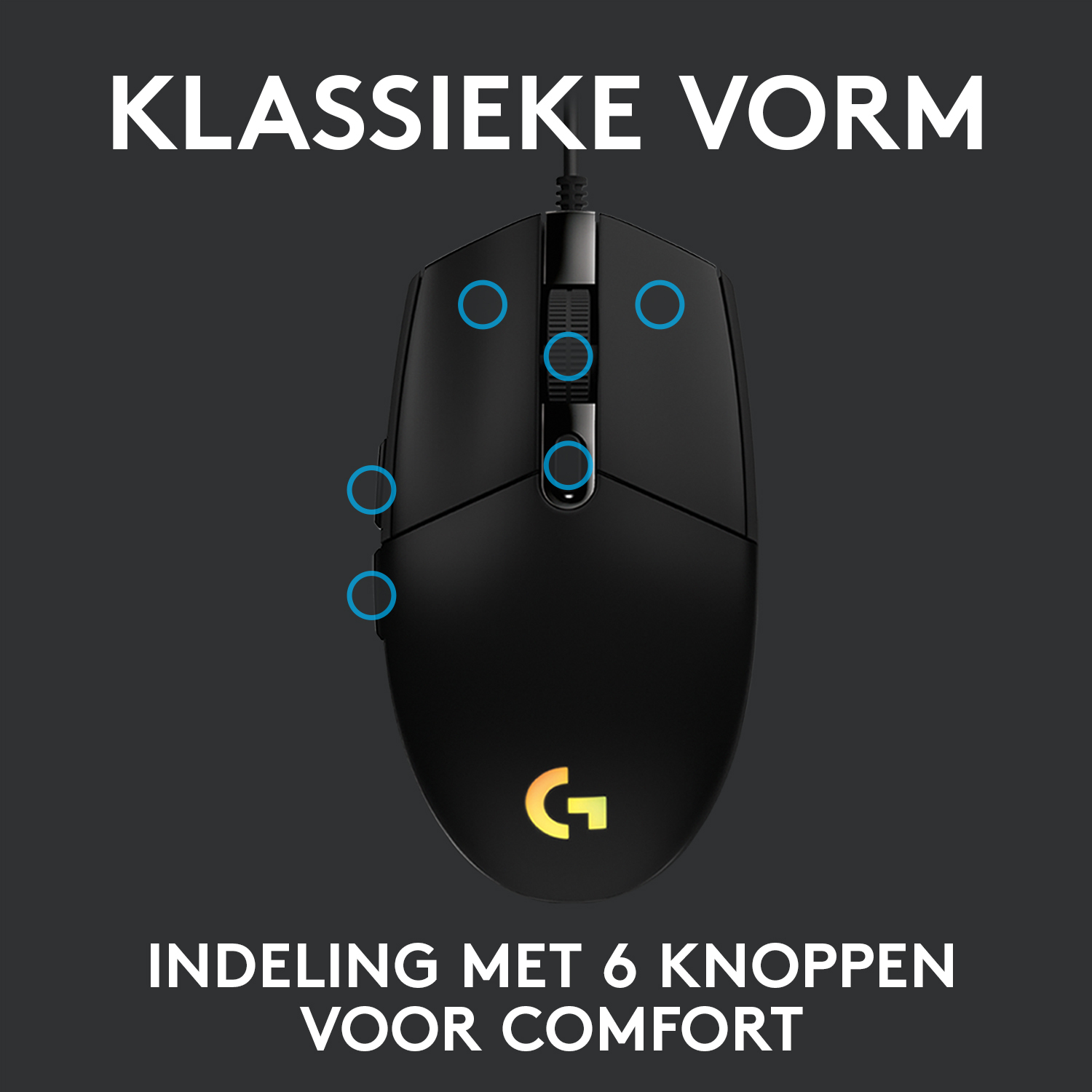 A black computer mouse with six blue circles.