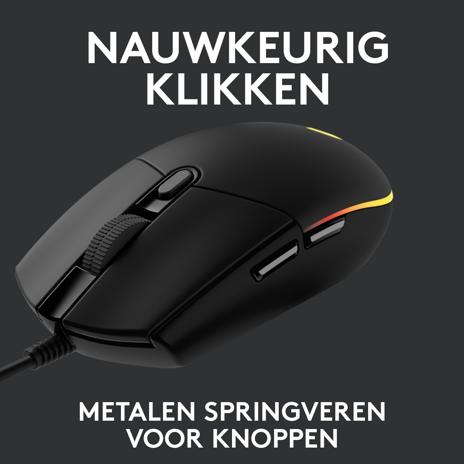 Black gaming mouse with glowing lights. The text says, "Precise Clicking" and "Metal Springs for Buttons."