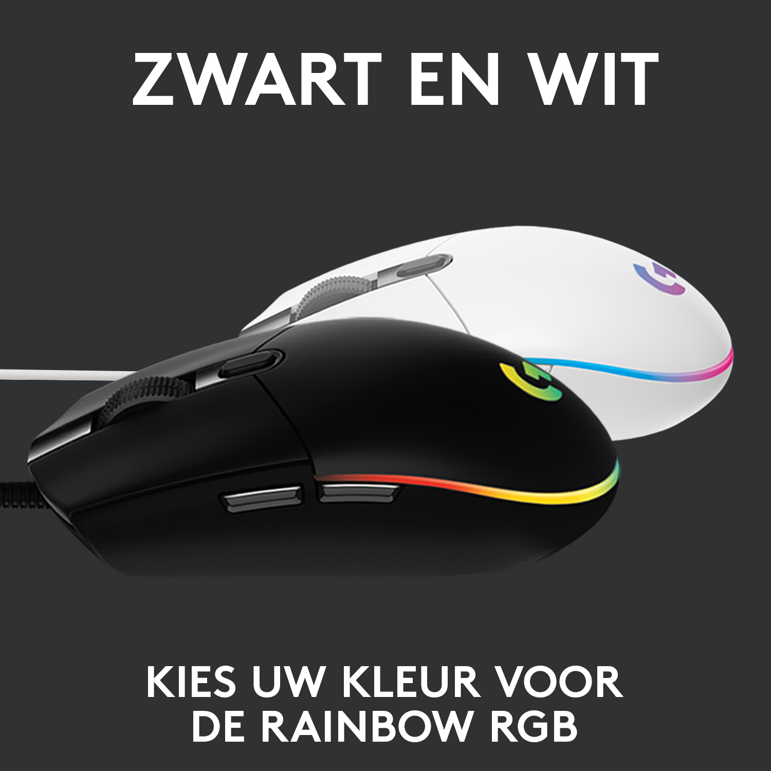 Black and white gaming mouses side by side, with colorful light strips.