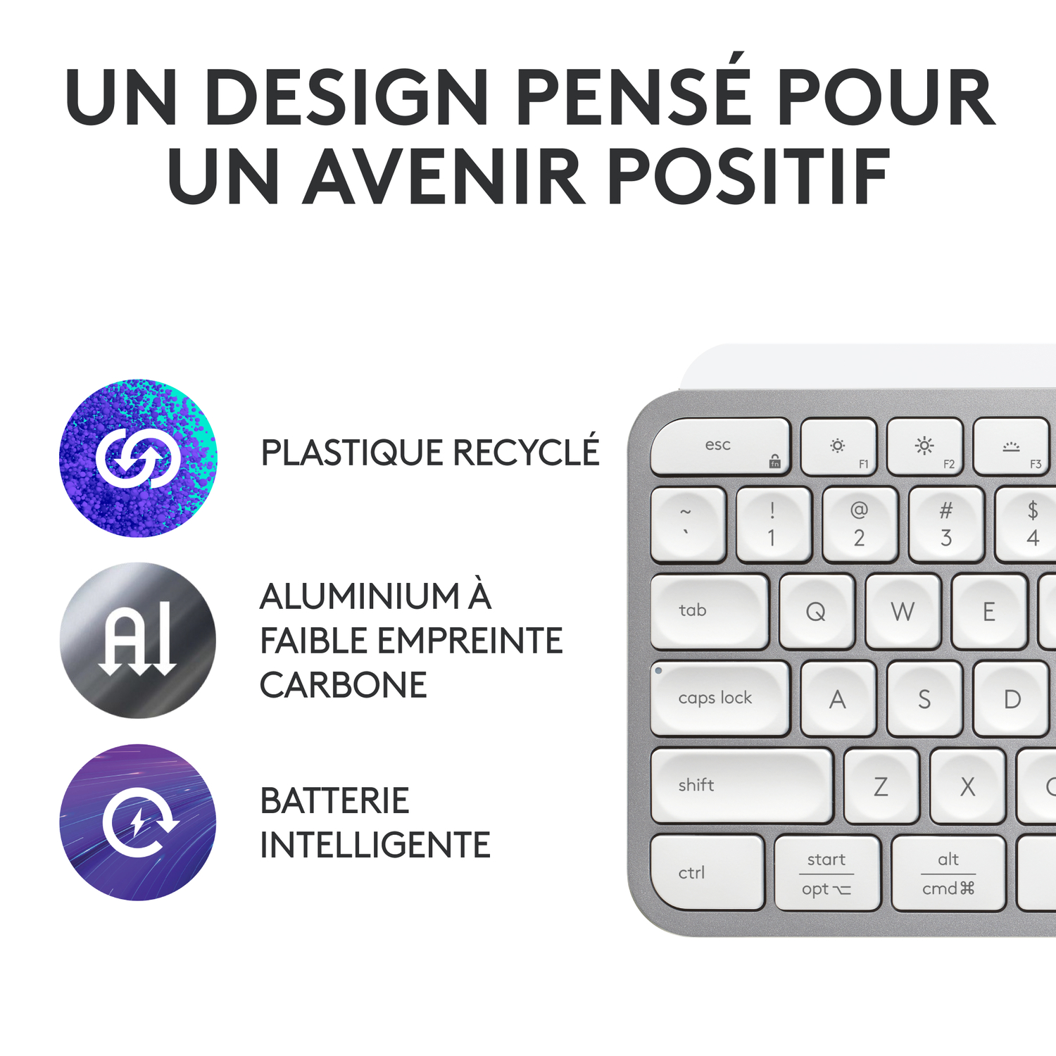 Clavier avec plastique recyclé, aluminium à faible empreinte carbone et batterie intelligente.