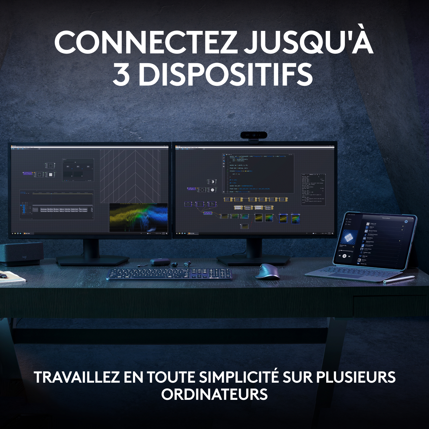Espace de travail avec deux moniteurs, clavier, souris et tablette. Connectez 3 appareils.