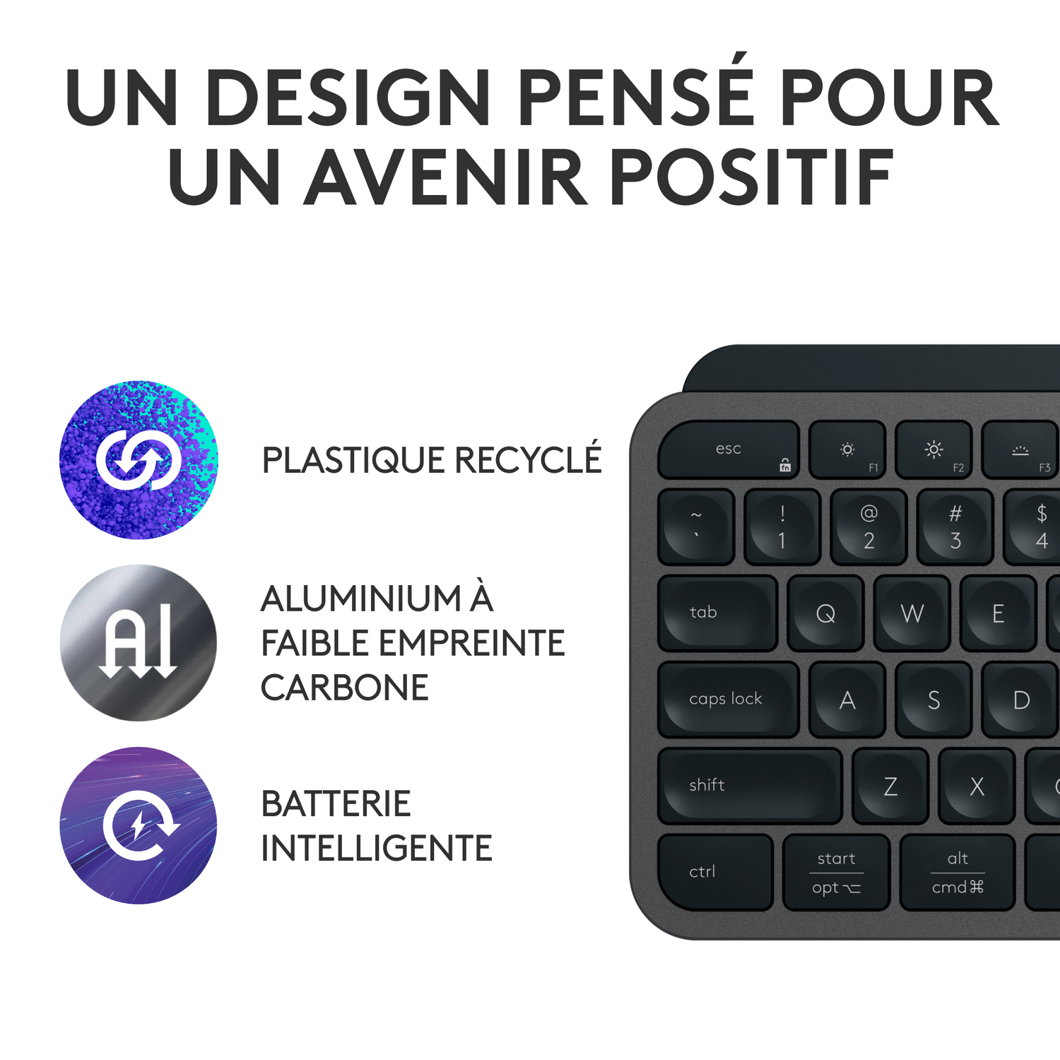 Clavier avec plastique recyclé, aluminium bas carbone et batterie intelligente. Touches noires sur surface grise.
