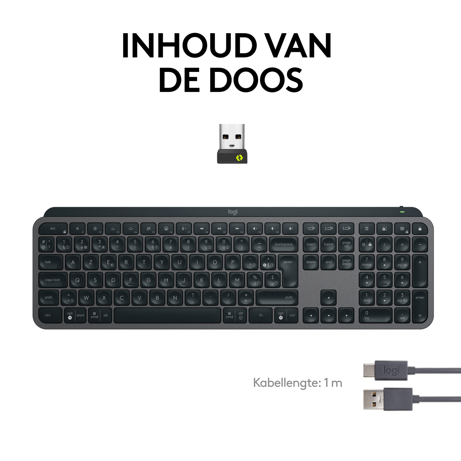 Keyboard and a USB receiver, with a USB-C cable, all on a white surface.