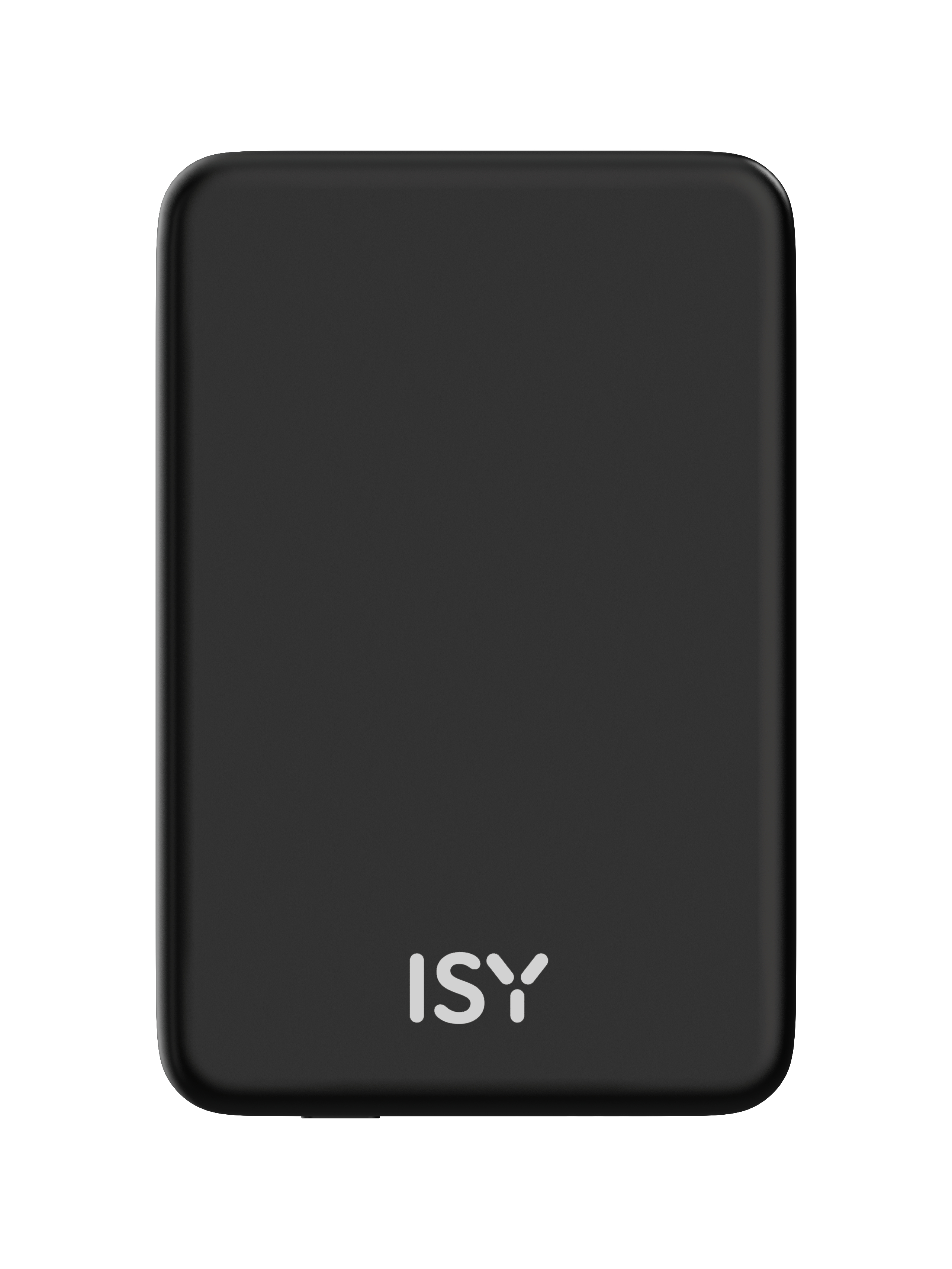 Schwarze ISY Powerbank. Es ist ein kleines, rechteckiges Gerät mit abgerundeten Ecken und dem ISY-Logo.