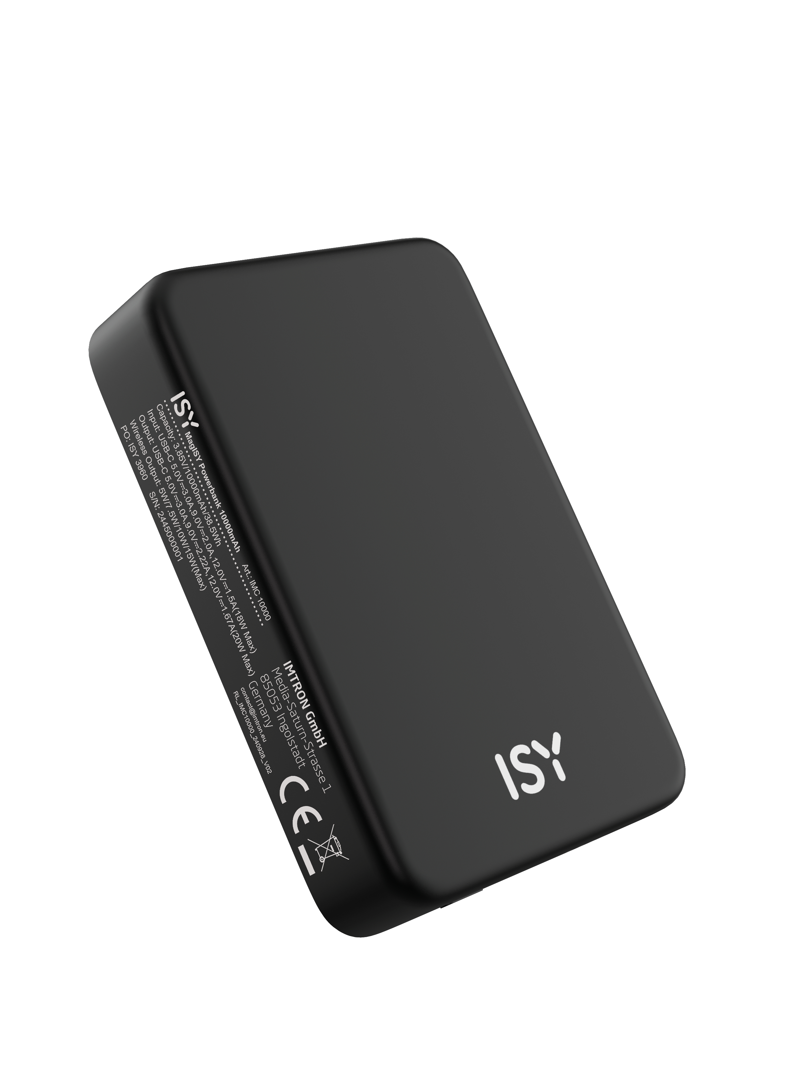 Schwarze Powerbank mit der Aufschrift ISY und etwas Spezifikationstext.