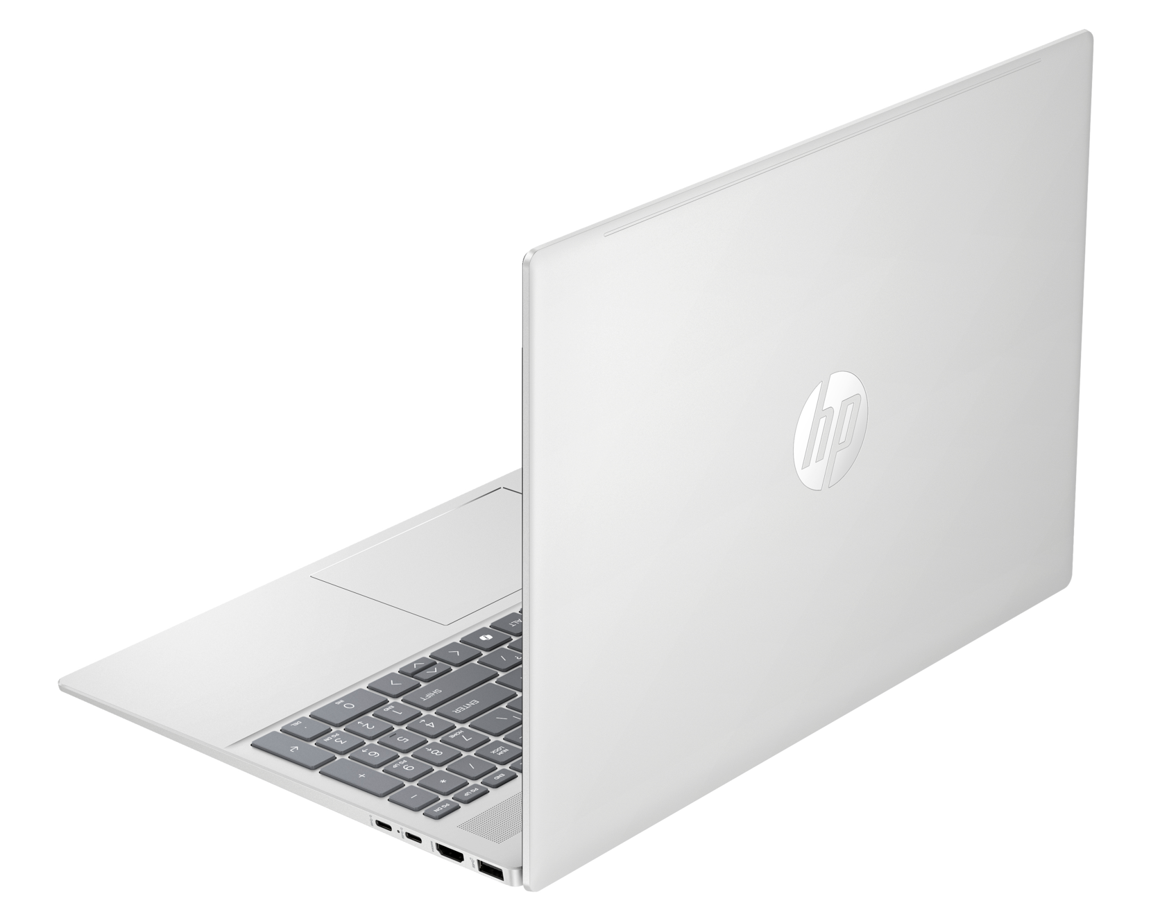 Biały laptop otwarty pod kątem, pokazujący klawiaturę i ekran, z logo z tyłu.