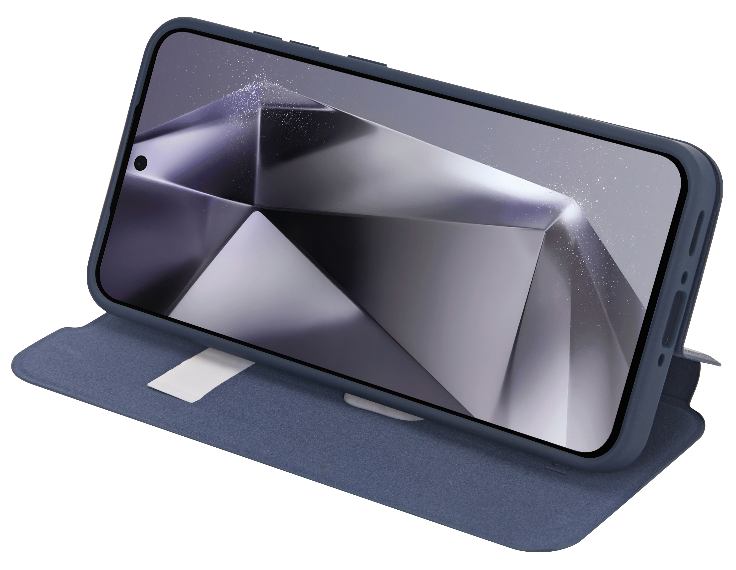 Eine blaue Handyhülle mit einem Telefon, das ein geometrisches abstraktes Design anzeigt.