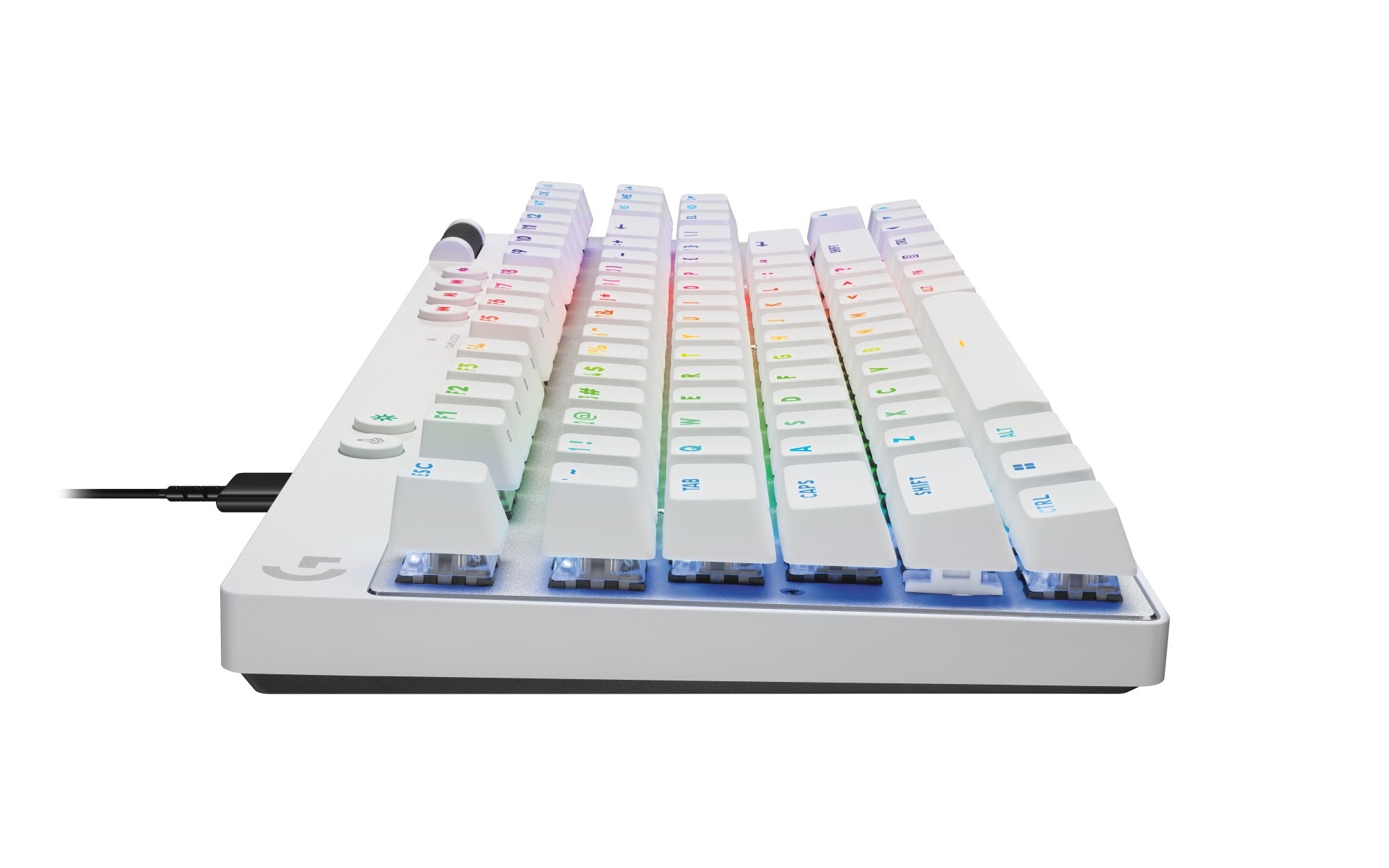 Biała klawiatura mechaniczna z podświetleniem RGB, widok z boku, klawisze są opisane.