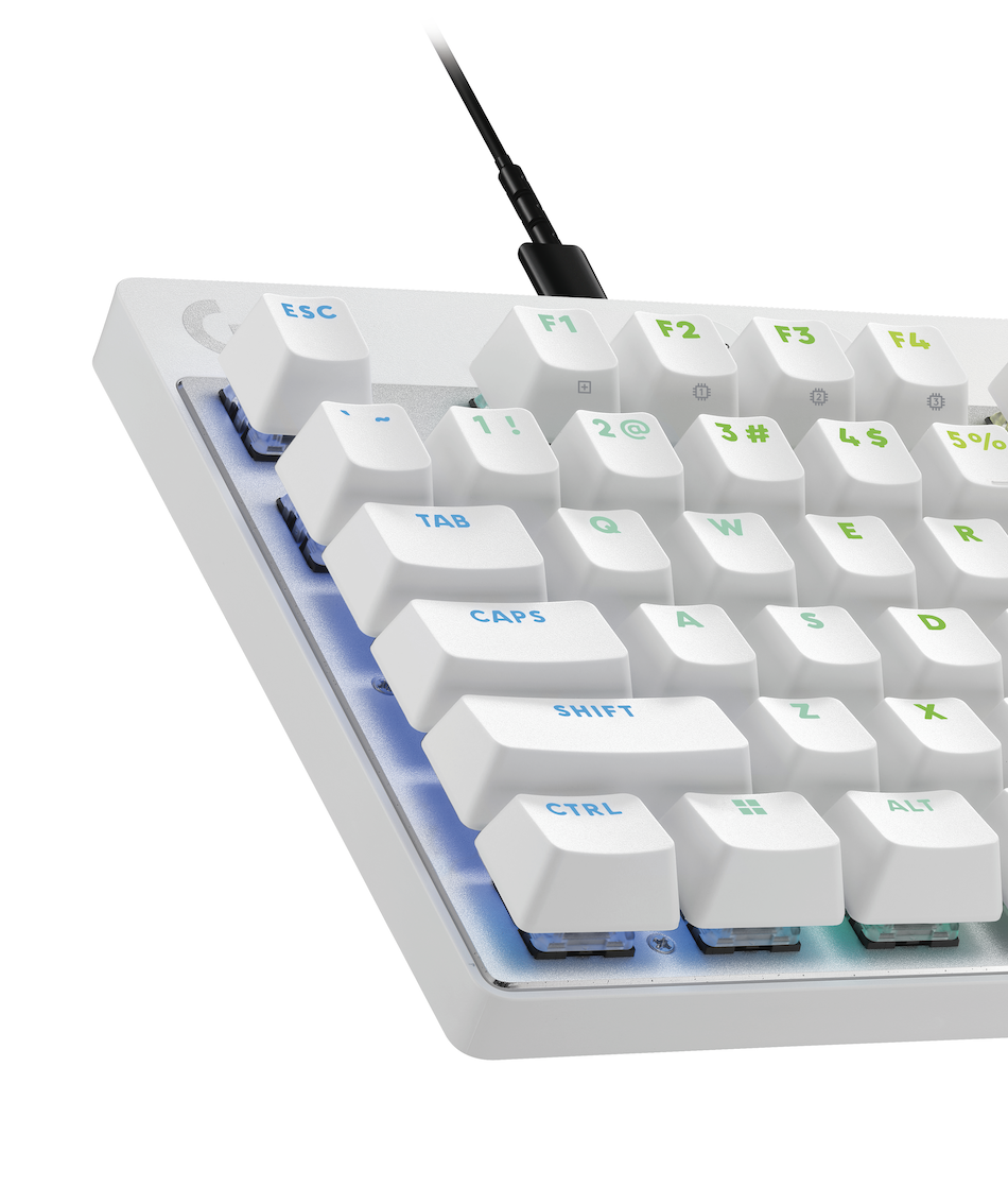 Zbliżenie białej klawiatury z białymi klawiszami, widoczne klawisze ESC, F1-F4.