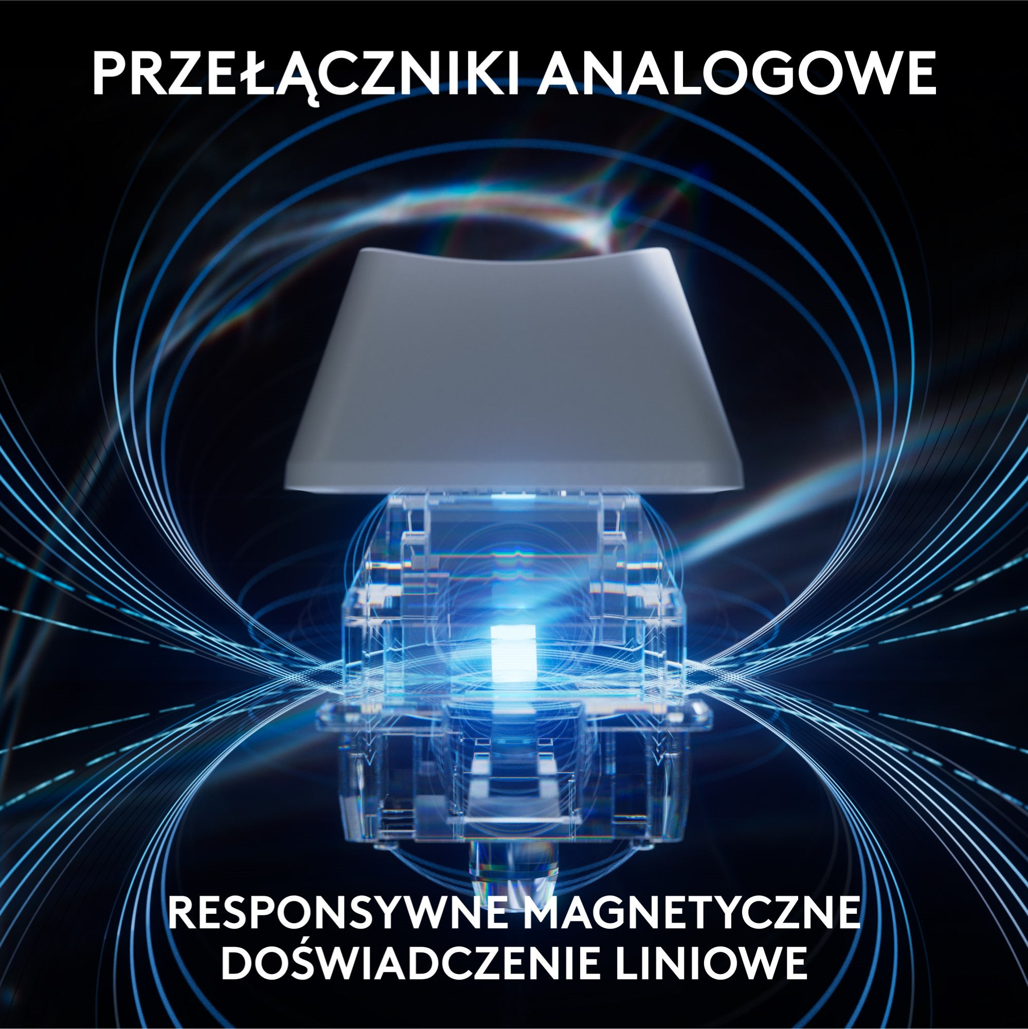 Klawisz klawiatury nad podświetloną strukturą. Tekst po polsku: Przełączniki Analogowe...