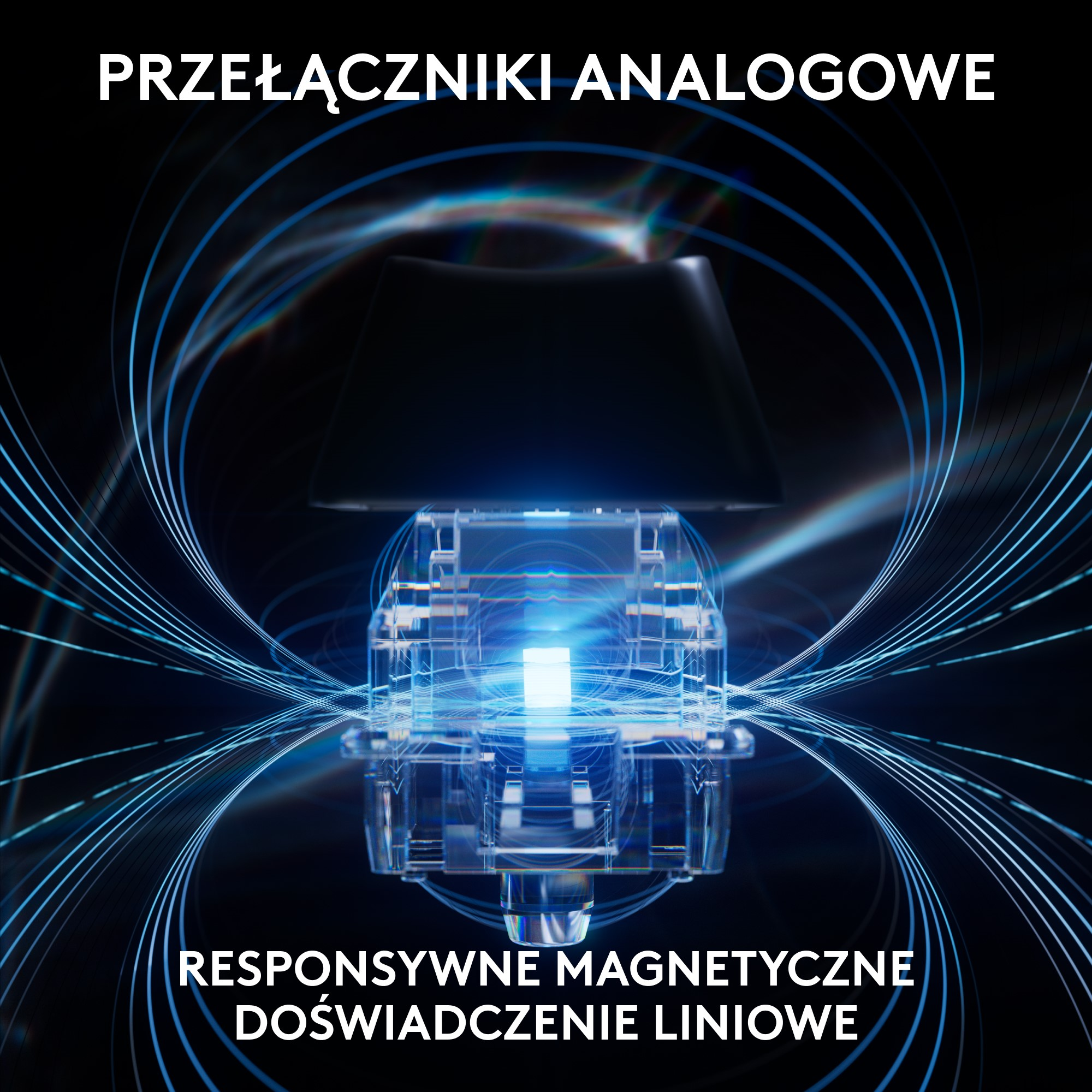 Zbliżenie czarnego klawisza klawiatury z niebieskim światłem, abstrakcyjny design.
