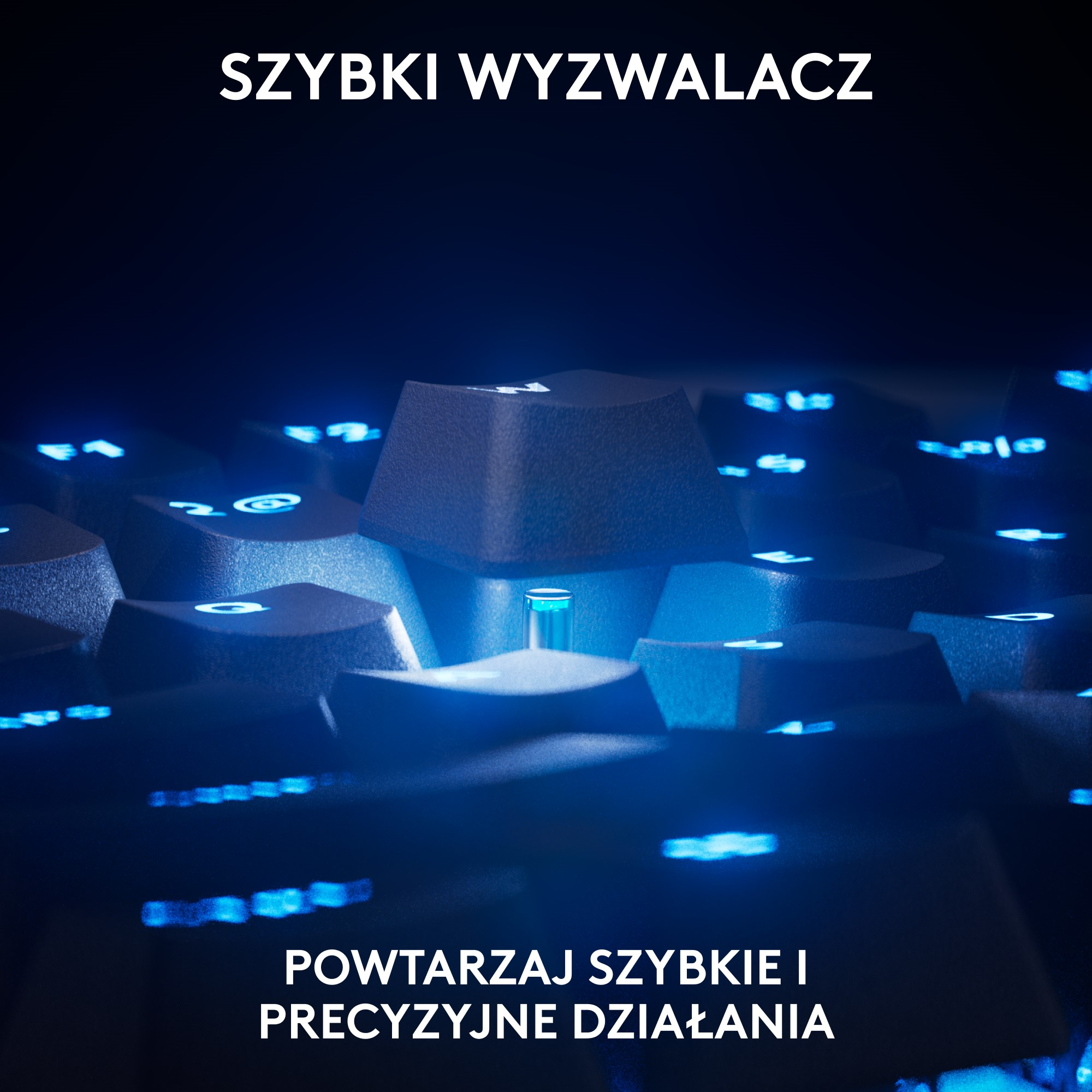Zbliżenie niebiesko podświetlonych klawiszy klawiatury z tekstem w języku polskim.