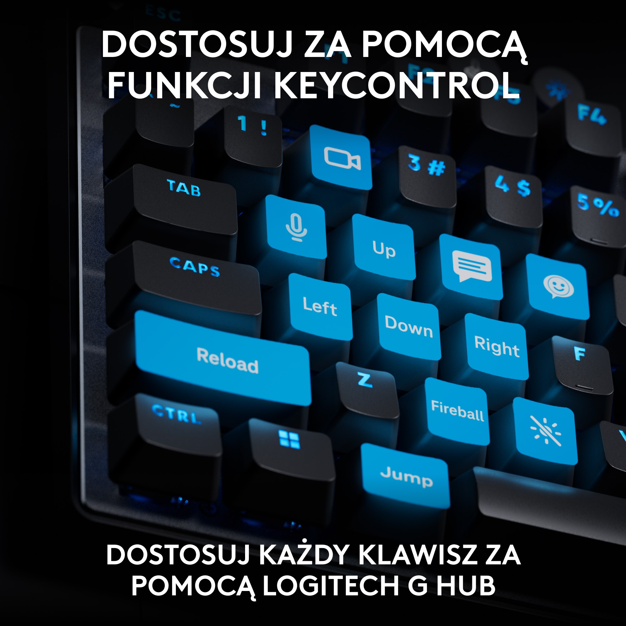Zbliżenie czarnej klawiatury z niebieskimi podświetlanymi klawiszami, tekst po polsku.