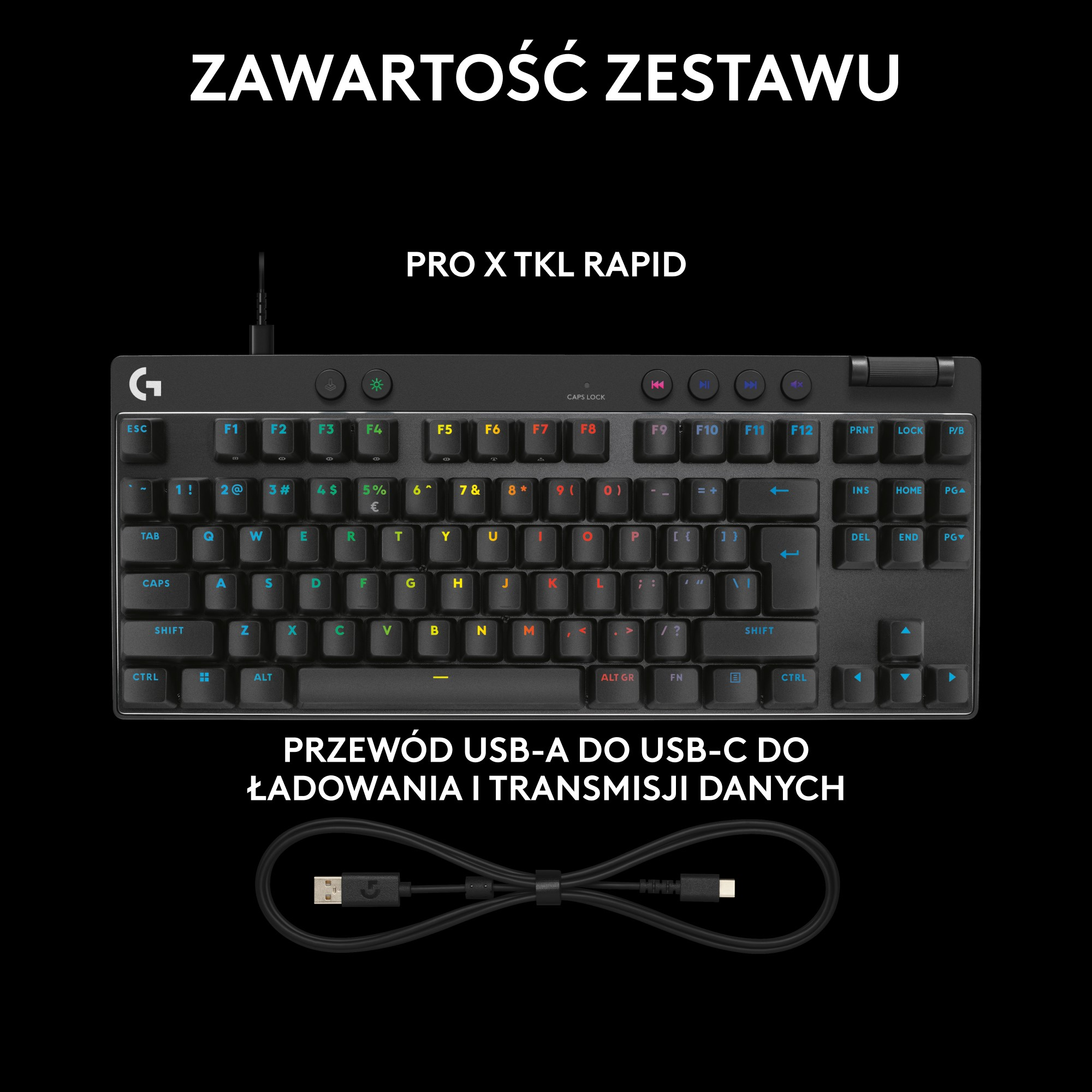 Czarna klawiatura z klawiszami, białe tło i kabel USB-C.