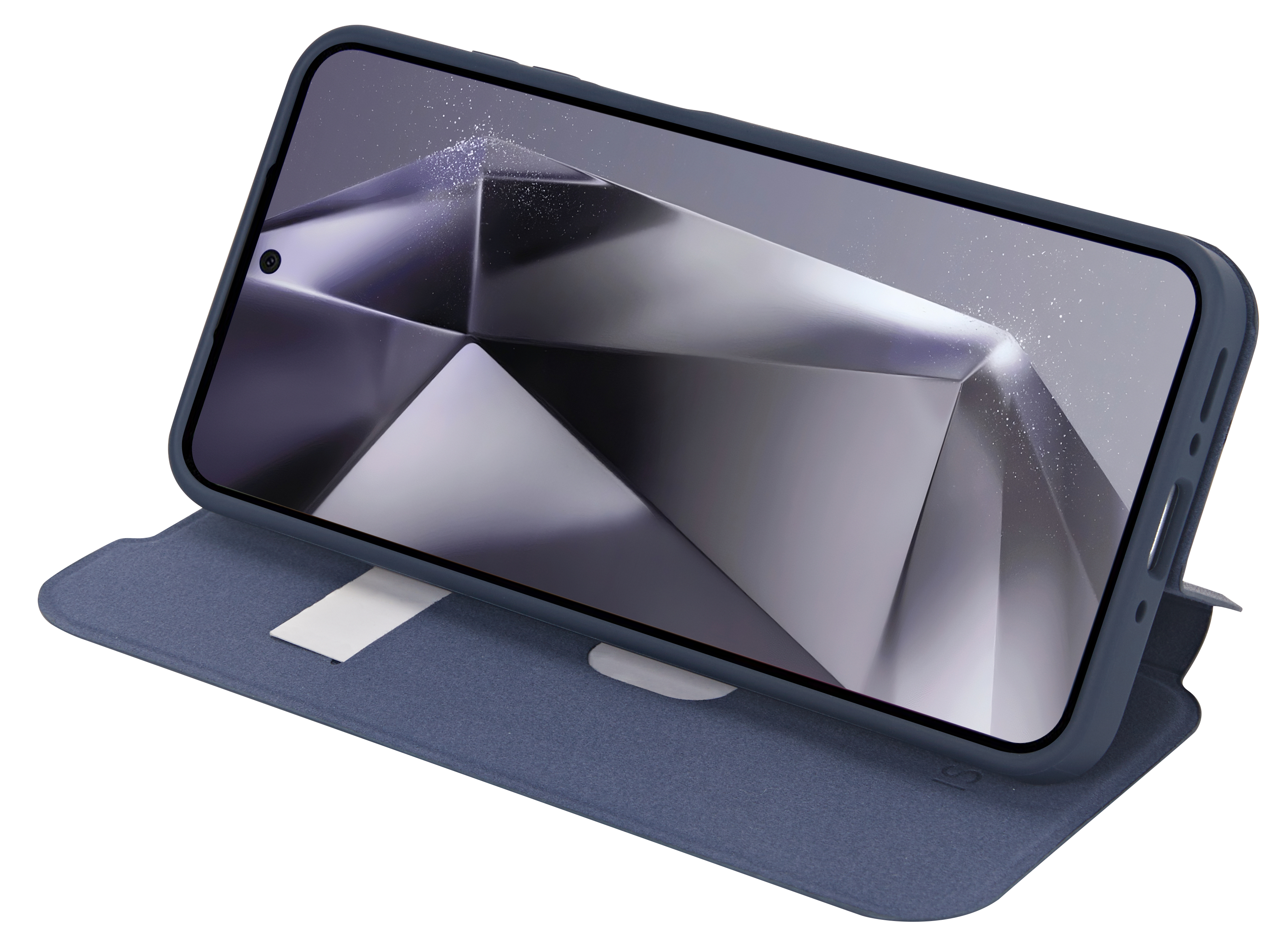 Eine blaue Handyhülle mit einem Telefon darin, geöffnet, um den Bildschirm zu zeigen.