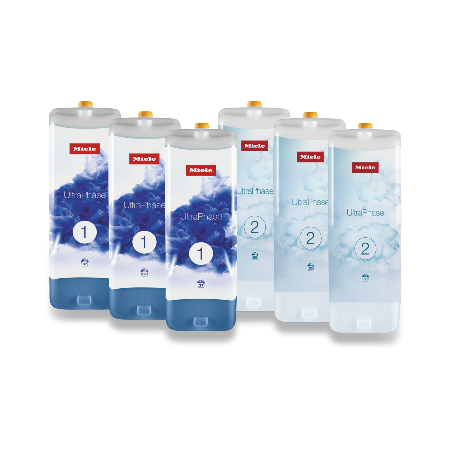 Six white Miele UltraPhase detergent bottles in a row, marked with the numbers 1 and 2.