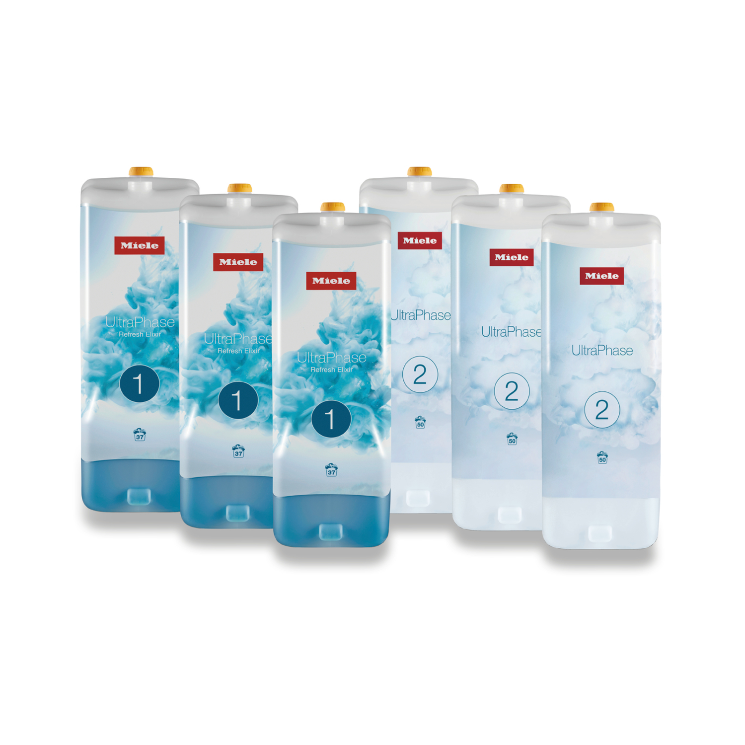 Six white and blue Miele UltraPhase detergent bottles are presented on a white background.