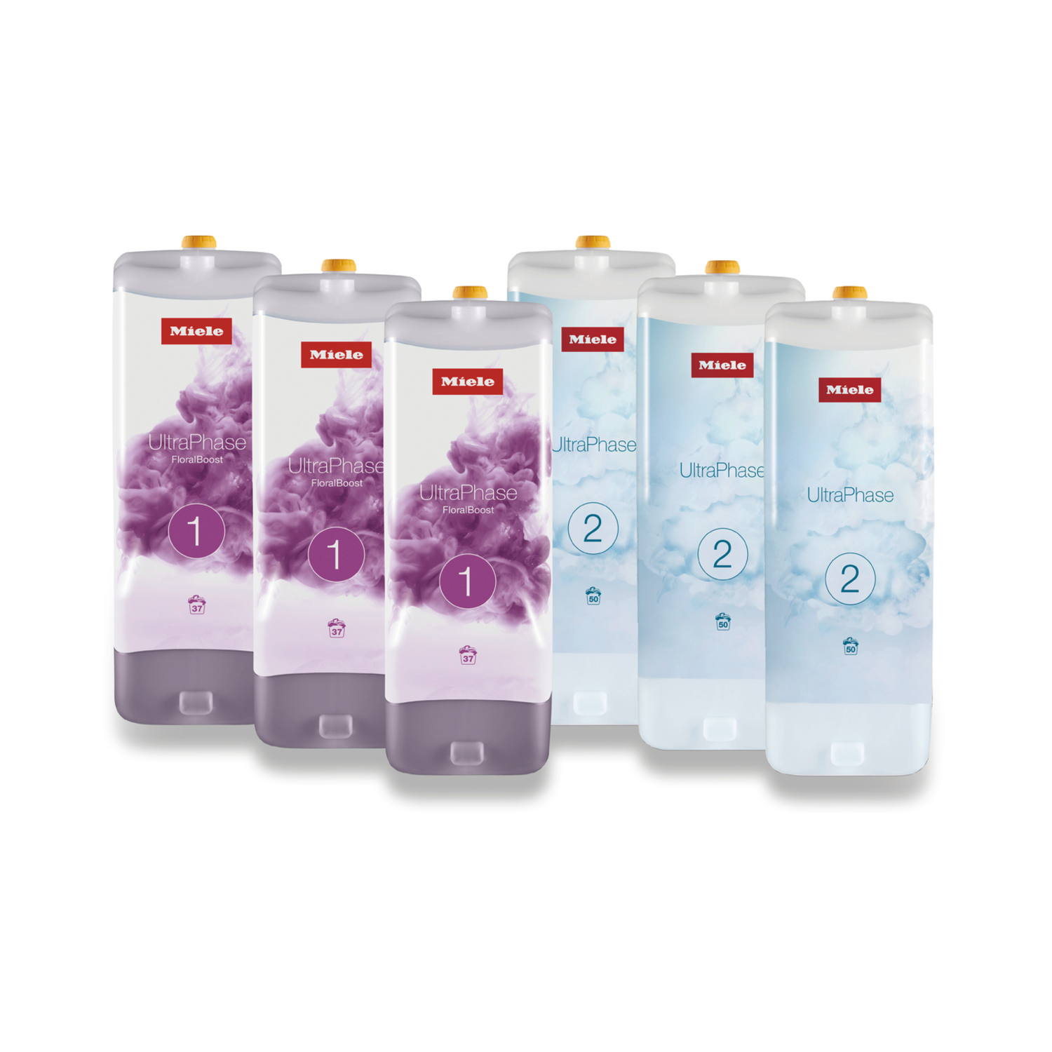 Six bottles of laundry detergent with purple and blue designs. White background.