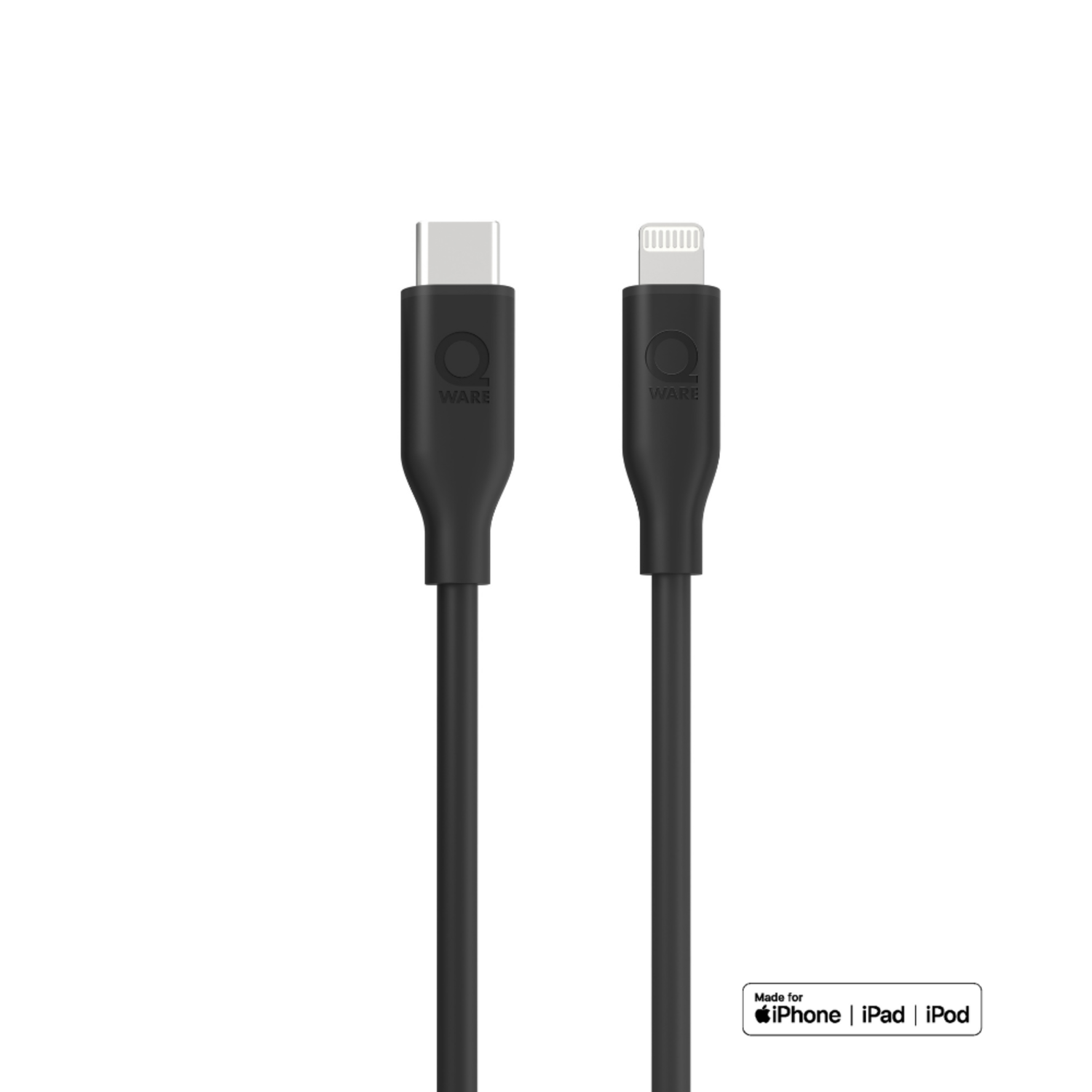 Black USB-C to Lightning cable, white background.