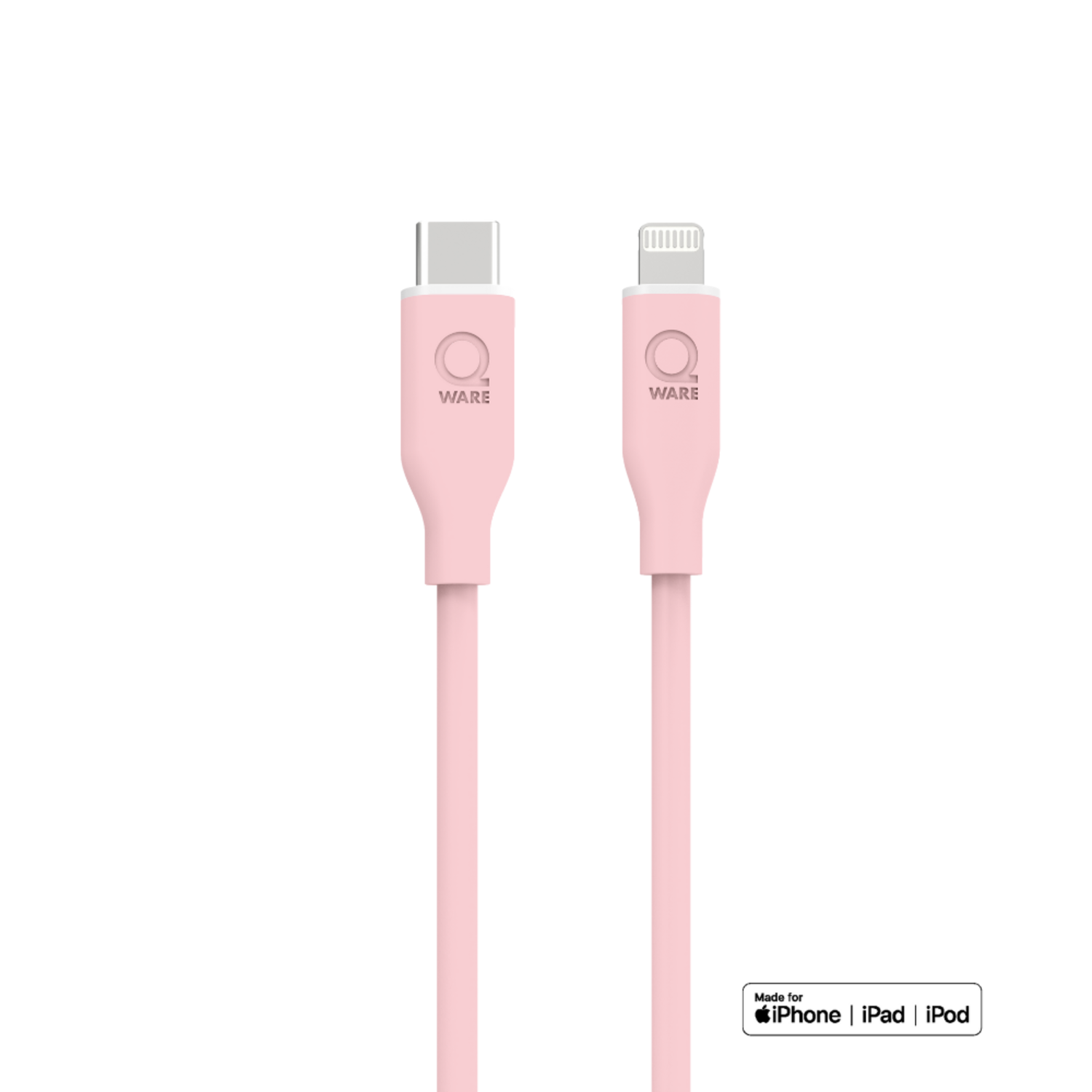 Pink USB-C to Lightning cable, white background.