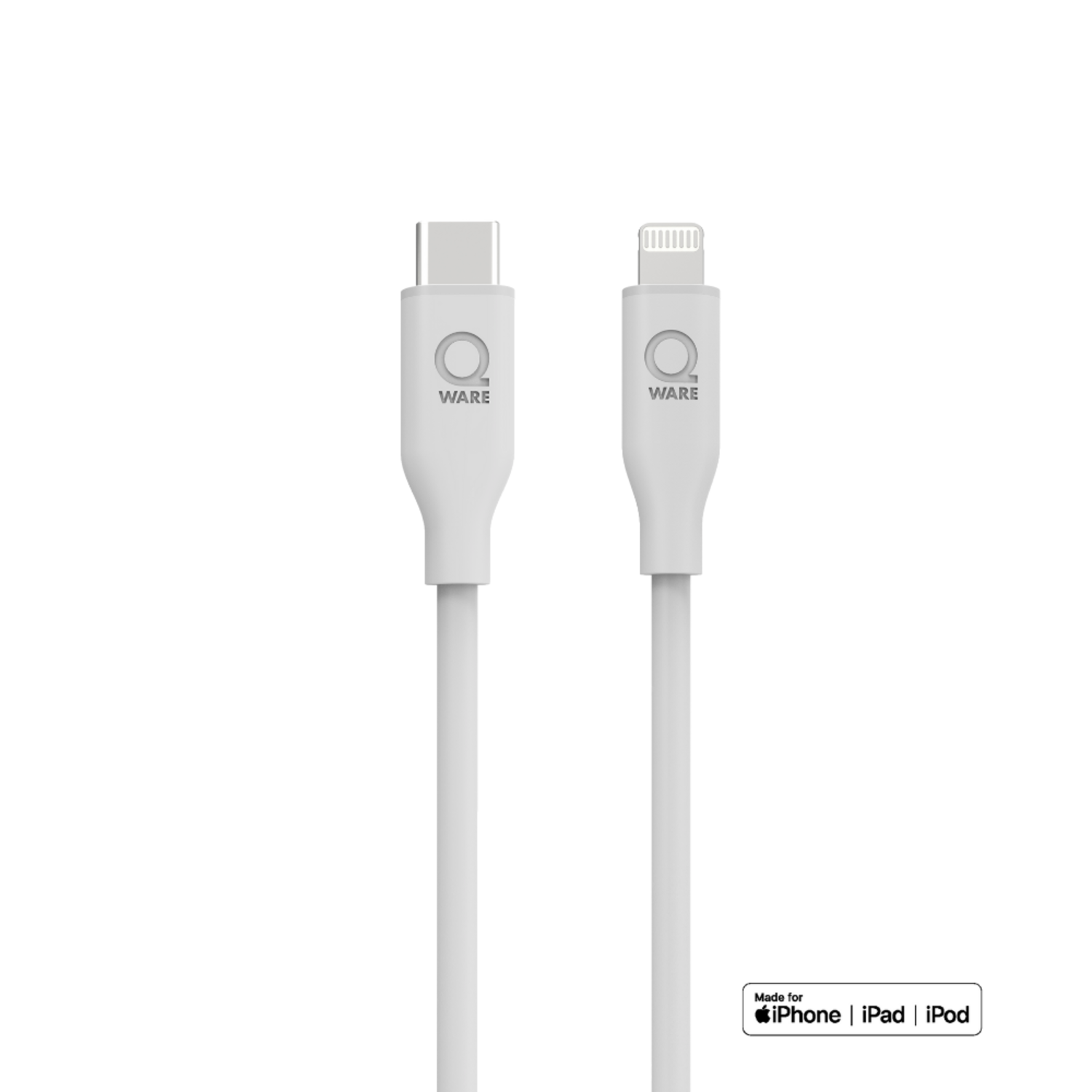 Two white charging cables with different connectors. White background. Text: Made for iPhone, iPad, iPod.