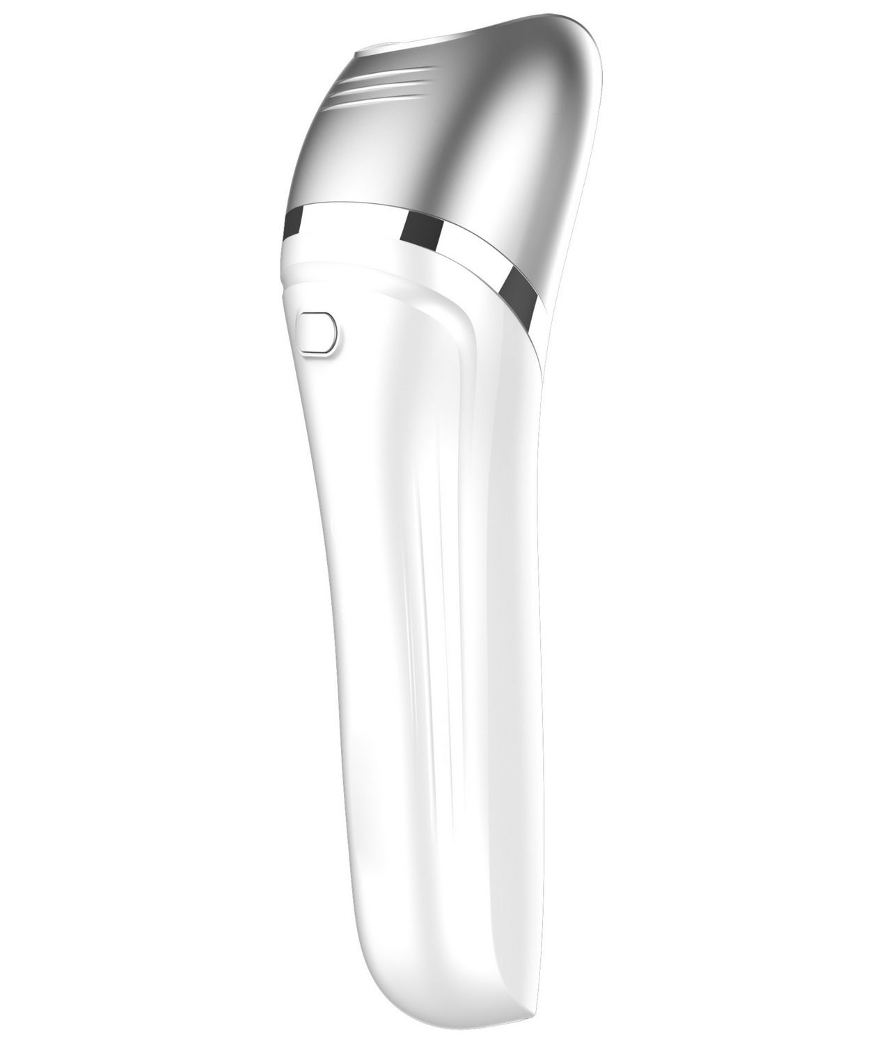 Un dispositivo facial eléctrico blanco y plateado sobre fondo blanco.