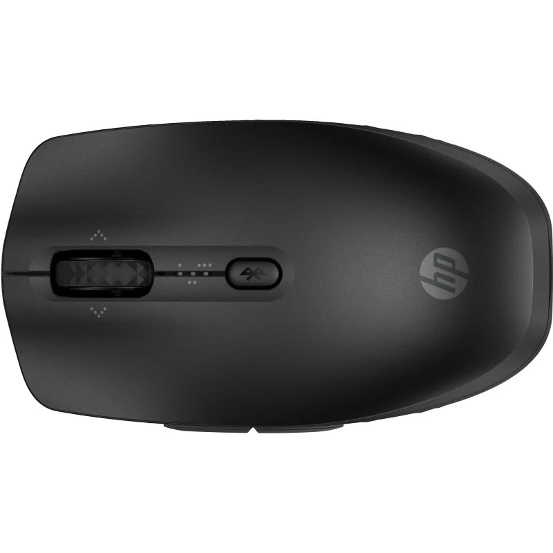 Ratón inalámbrico HP negro. Cuenta con rueda de desplazamiento, botón Bluetooth y logotipo HP.