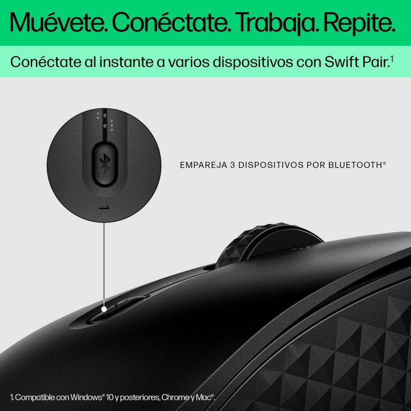 Ratón negro con botón de emparejamiento Bluetooth. Textos en español. Se conecta instantáneamente a varios dispositivos con Swift Pair y empareja 3 dispositivos.