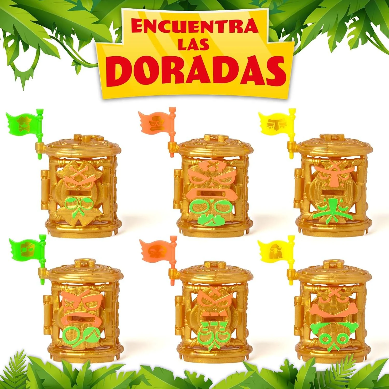 Jaulas de juguete doradas con banderas. Texto: 'Encuentra las Doradas'.