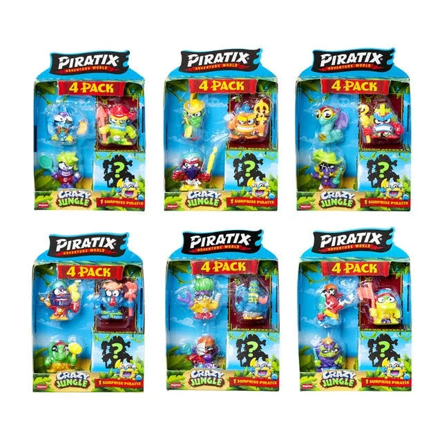 Seis juegos de juguetes en cajas, personajes coloridos.