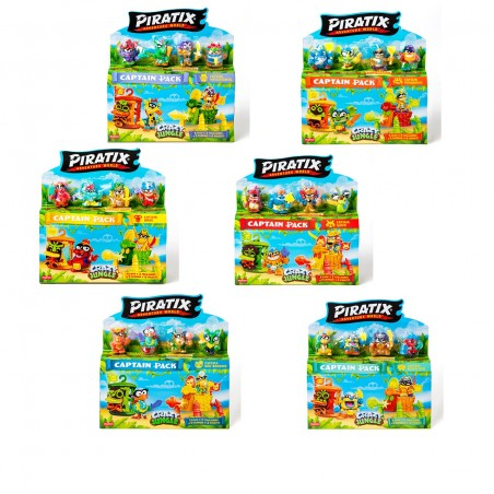 Seis cajas de juguetes coleccionables Piratix, coloridas con figuras y escenarios.