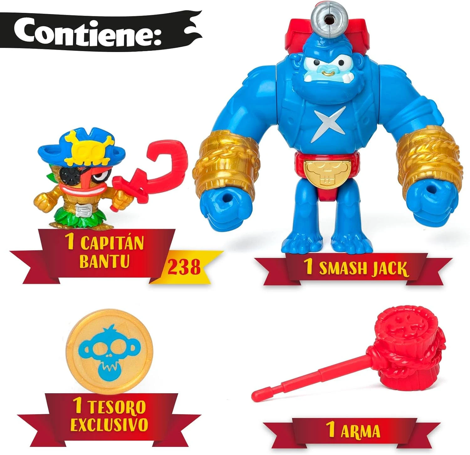 Una colección de figuras y accesorios de juguete: un pirata, un monstruo azul, una moneda y un martillo.