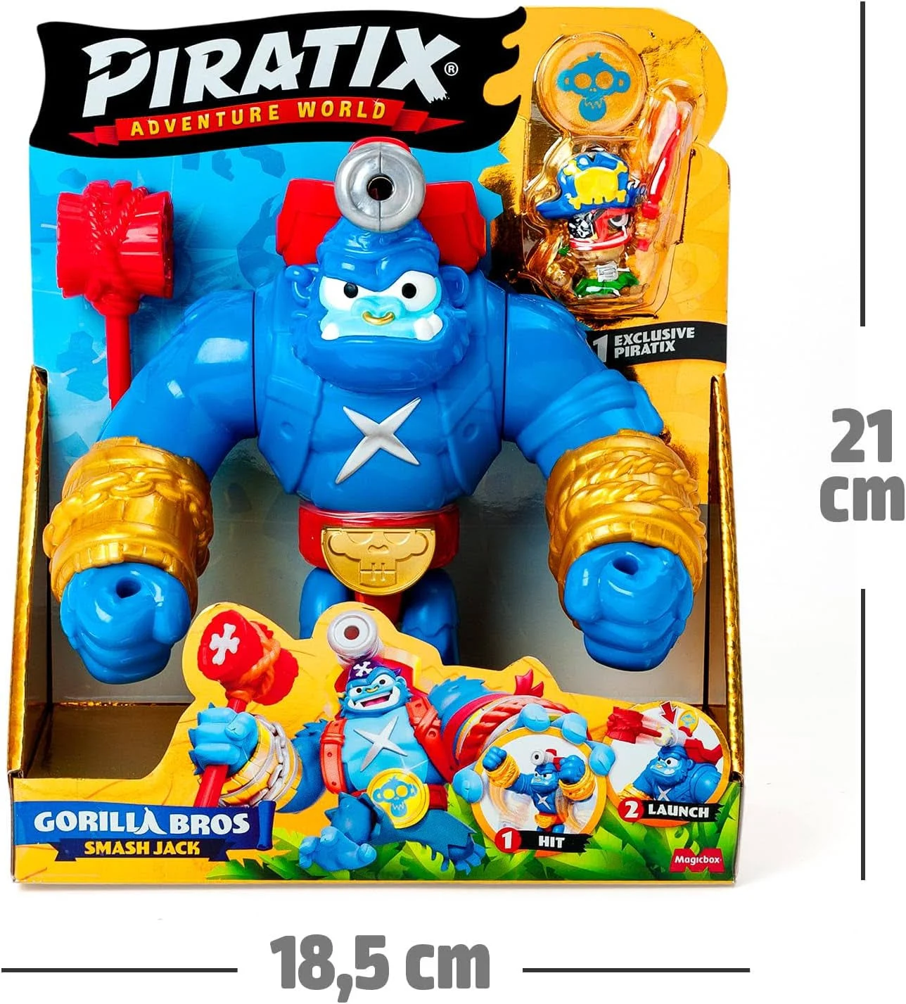Un juguete Piratix Gorilla Bros. Una figura de gorila azul con detalles dorados y un martillo rojo en una caja. Incluye dimensiones.