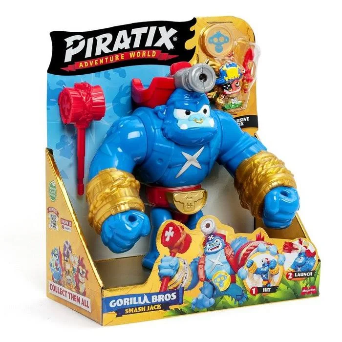 Figura de juguete azul en un paquete con texto.