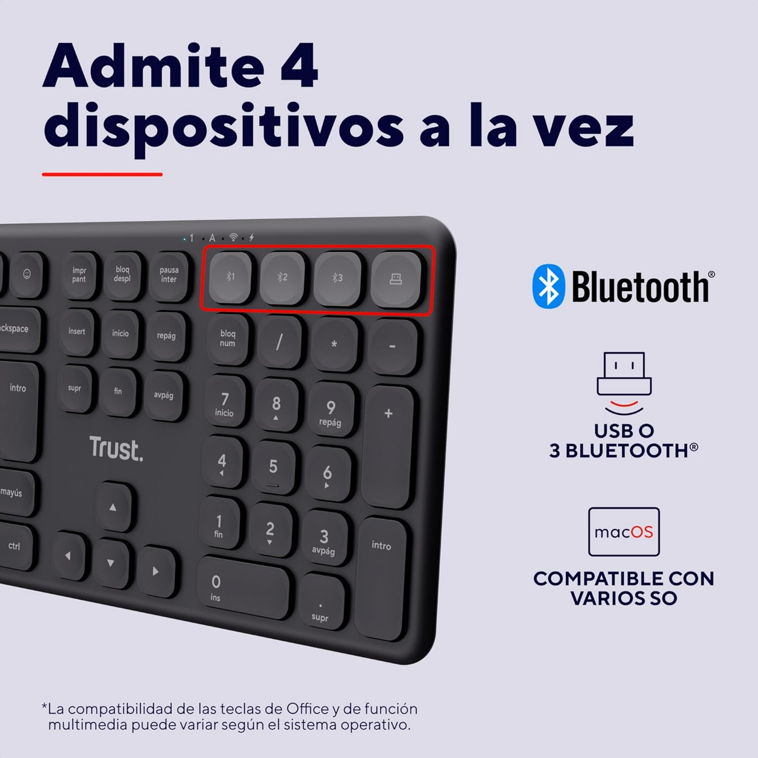 Teclado negro con texto blanco. Logos Bluetooth y macOS. Teclas resaltadas rojas.