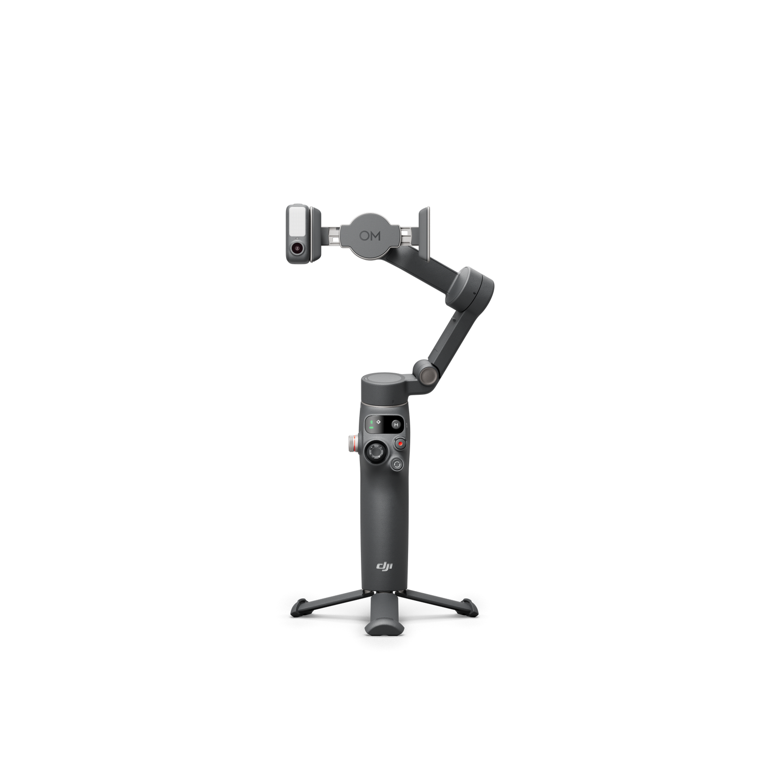 Estabilizador DJI OM 5 en un soporte. Es gris oscuro. La cámara está en la parte superior, con el logo OM.