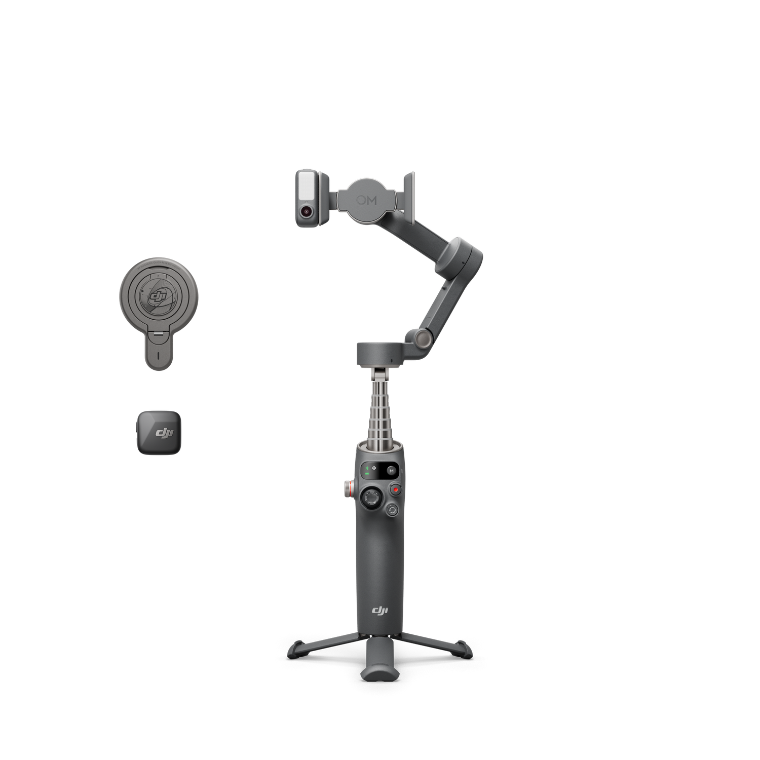 Gimbal DJI Osmo Mobile y accesorios sobre fondo negro. Trípode, mando y soporte.