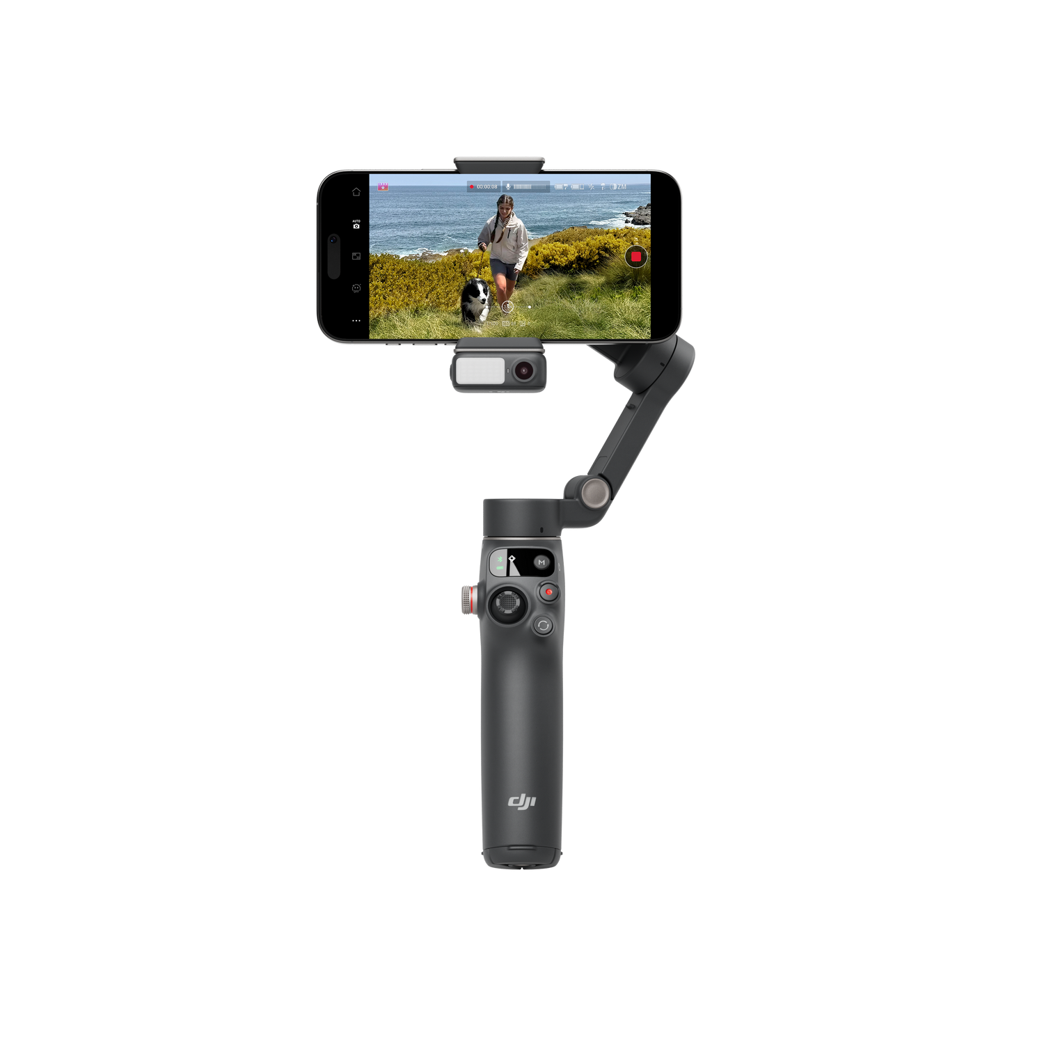 Estabilizador de cámara negro con un smartphone mostrando un vídeo.