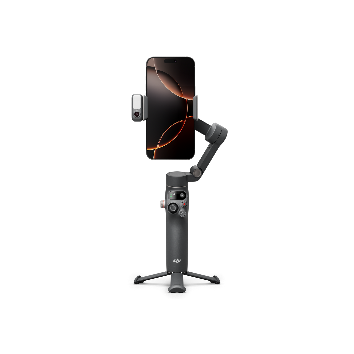 Un gimbal negro con un teléfono adjunto, sobre un fondo negro.