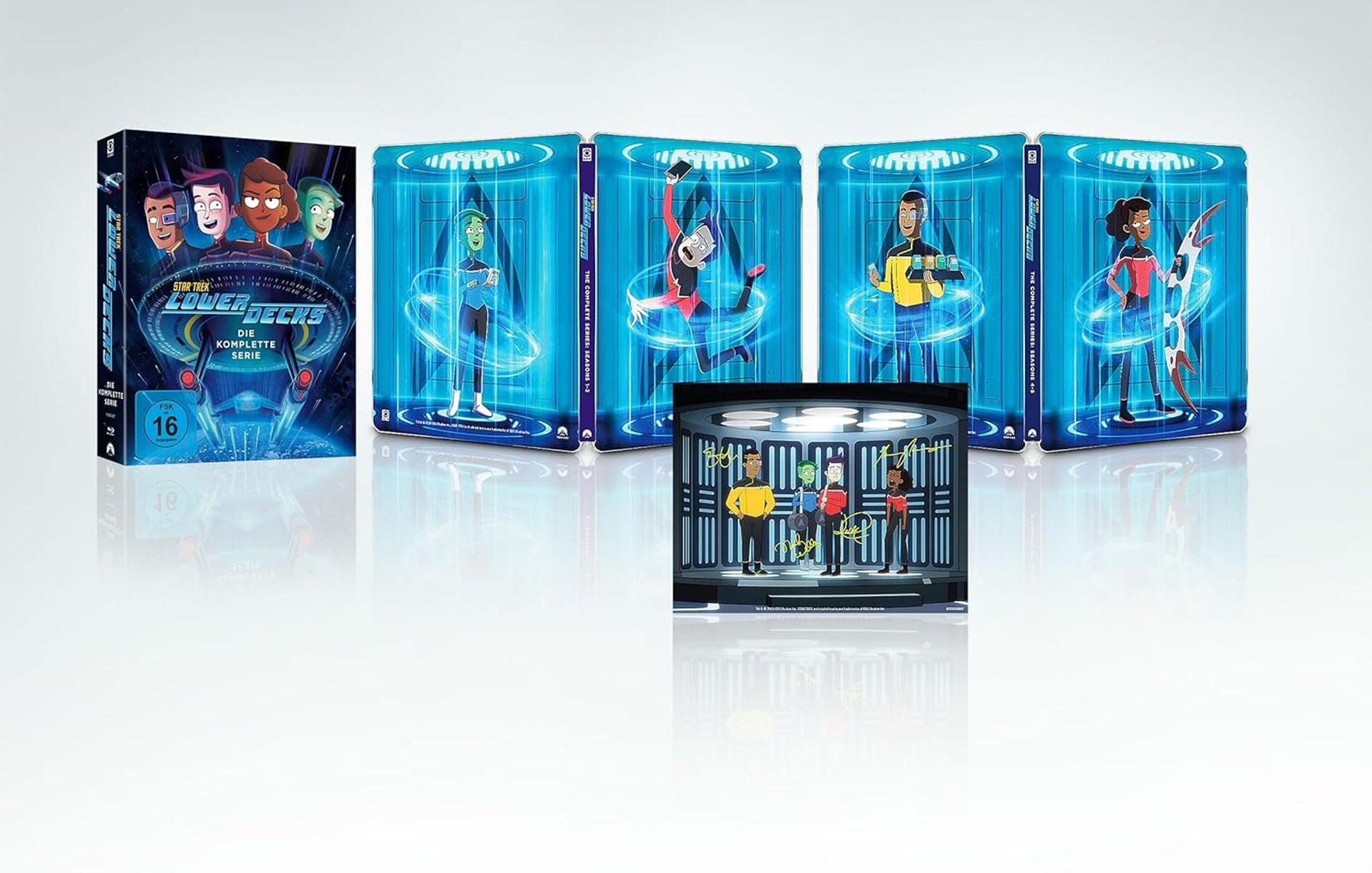 Eine Box-Set von Star Trek: Lower Decks, mit Charakterkunst und einem Bonus-Art-Card-Set.