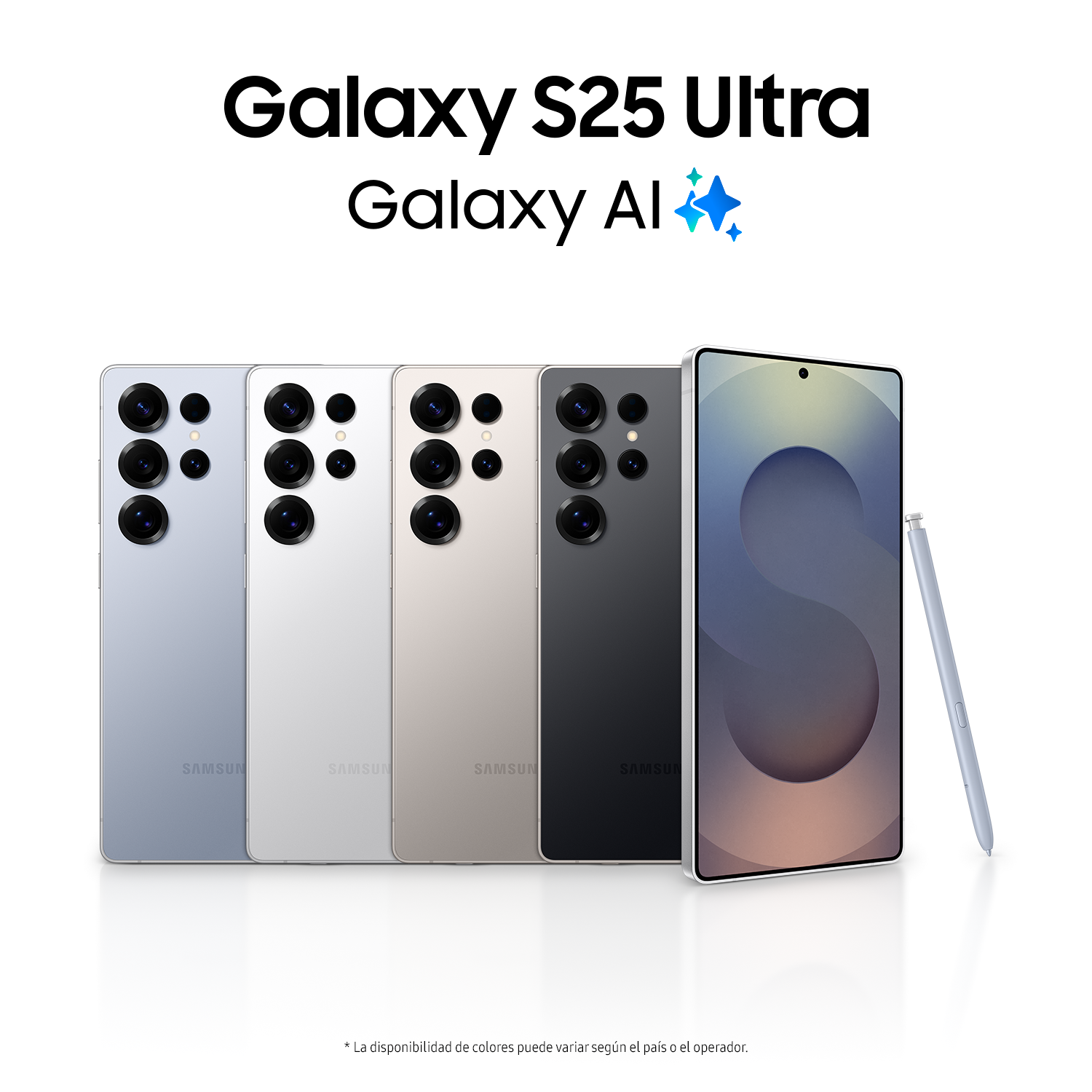 Cuatro teléfonos, Galaxy S25 Ultra, en diferentes colores. Texto: Galaxy S25 Ultra, Galaxy AI.