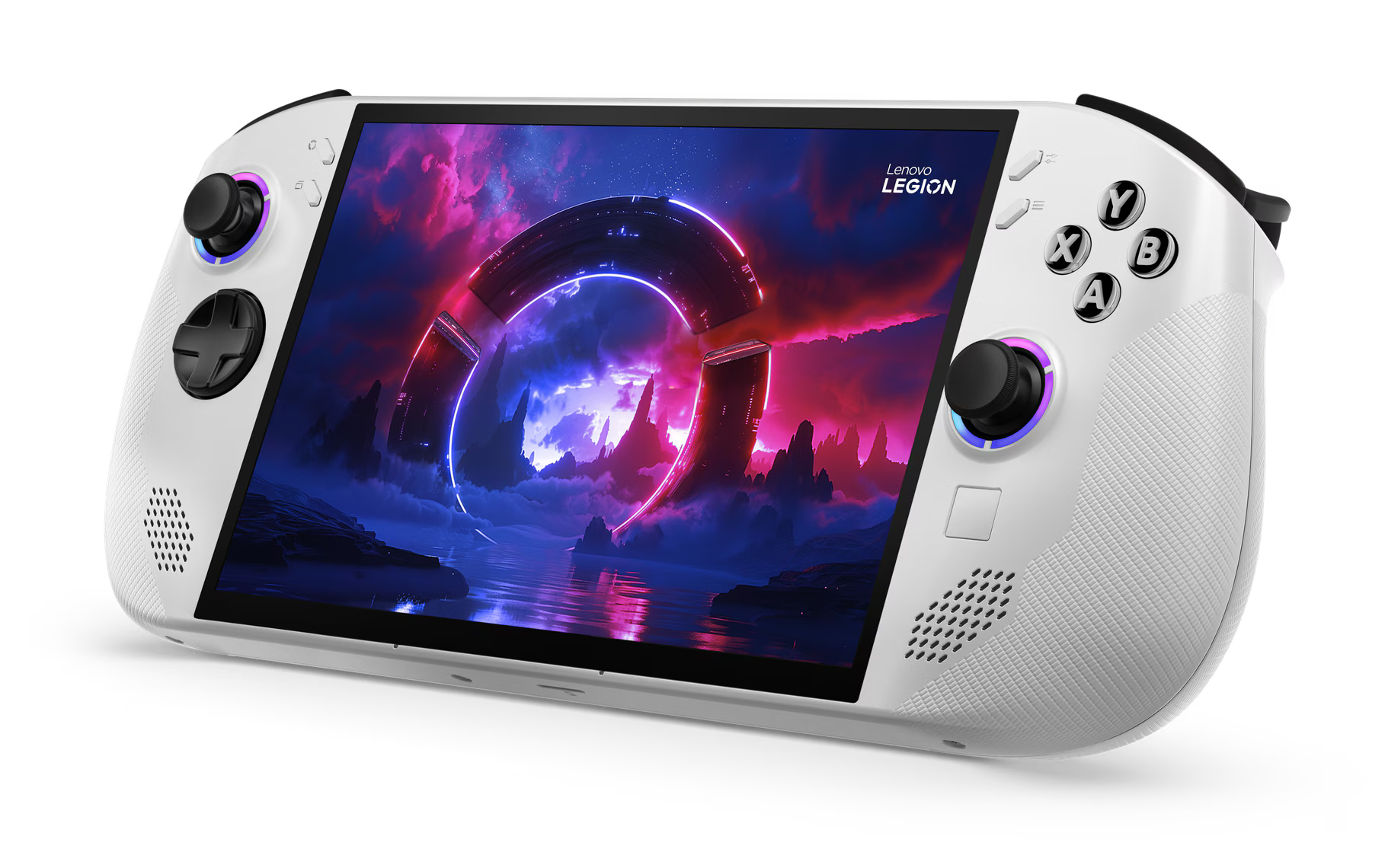 Biała przenośna konsola do gier Lenovo Legion. Ma ekran z grą.