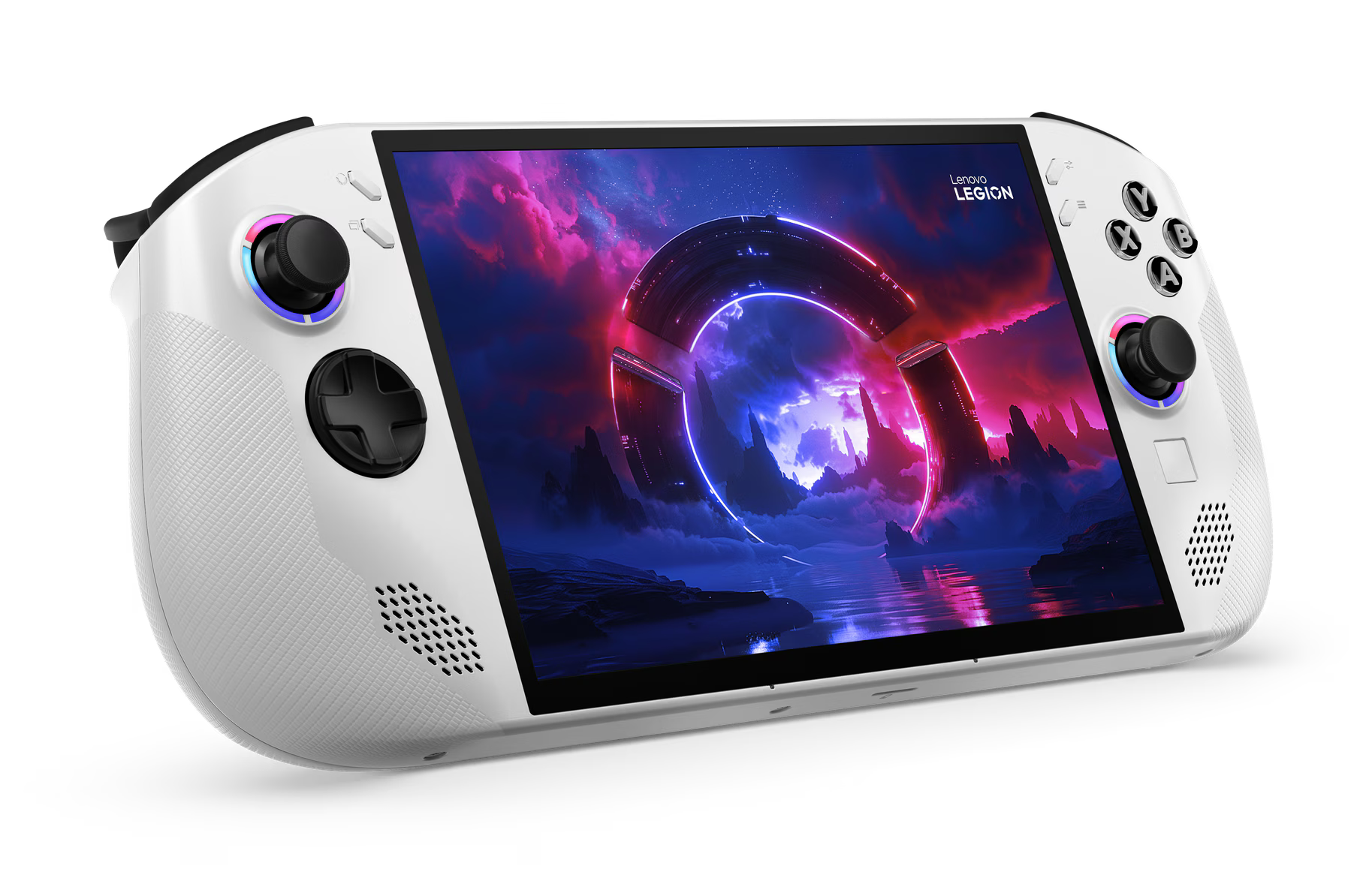 Biała przenośna konsola do gier z ekranem wyświetlającym kolorową scenę gry fantasy.