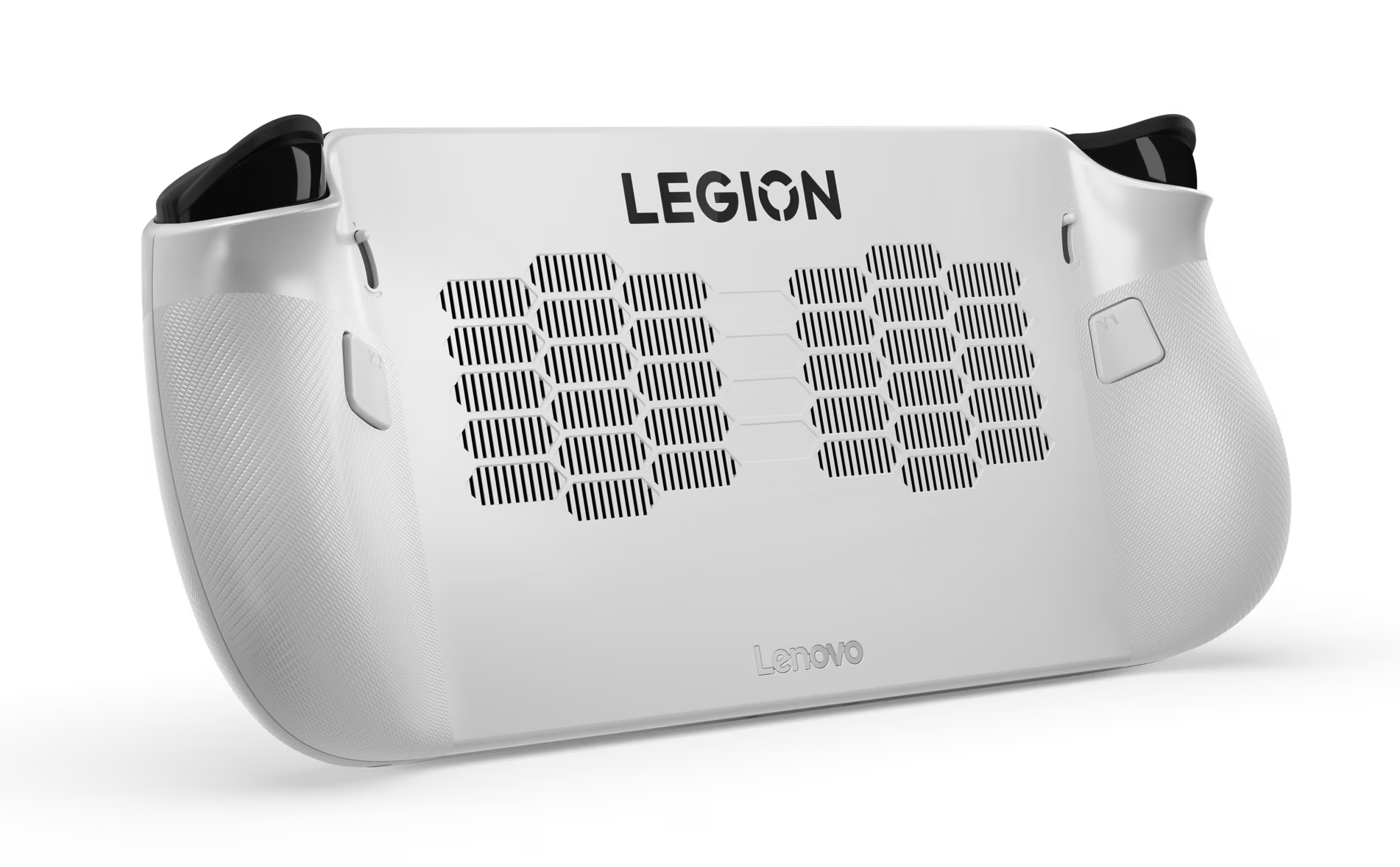 Białe urządzenie do gier przenośnych Lenovo Legion na czarnym tle.